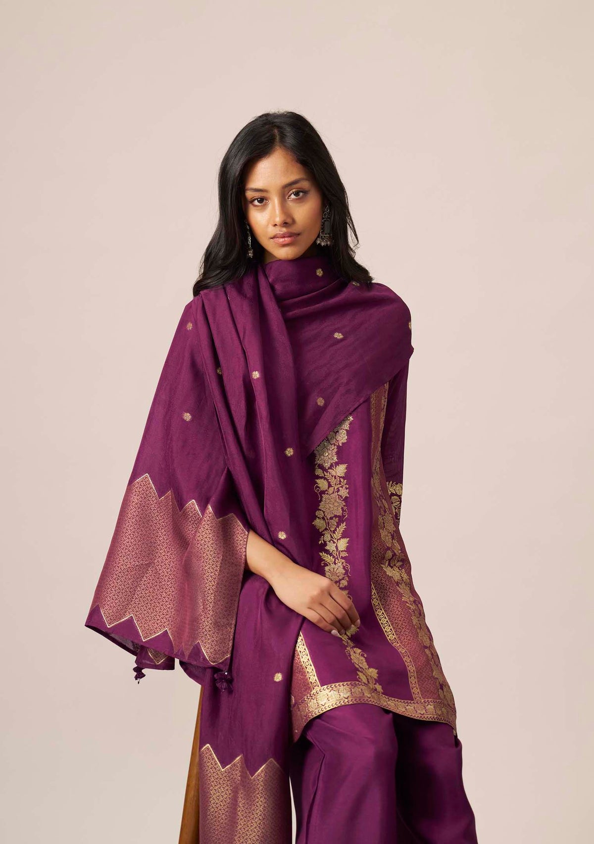 Wine Purple Dola Silk Jacquard Short Kurta with Palazzo Set | Handwork | 3-Piece | Festive 2026