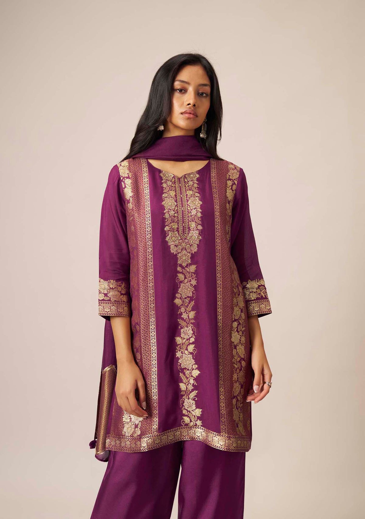 Wine Purple Dola Silk Jacquard Short Kurta with Palazzo Set | Handwork | 3-Piece | Festive 2026