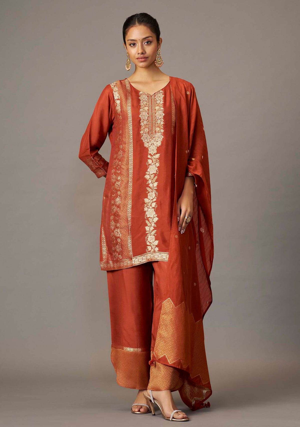Rust Dola Silk Jacquard Short Kurta with Palazzo Set | Handwork | 3-Piece | Festive 2026