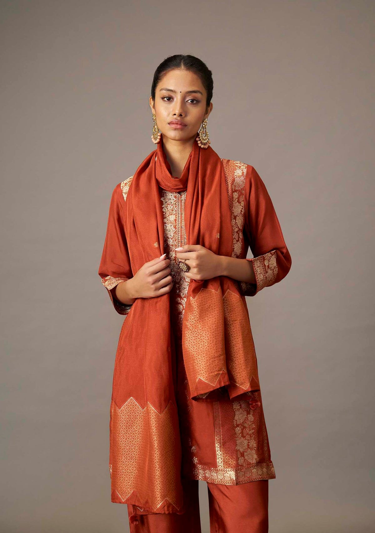 Rust Dola Silk Jacquard Short Kurta with Palazzo Set | Handwork | 3-Piece | Festive 2026