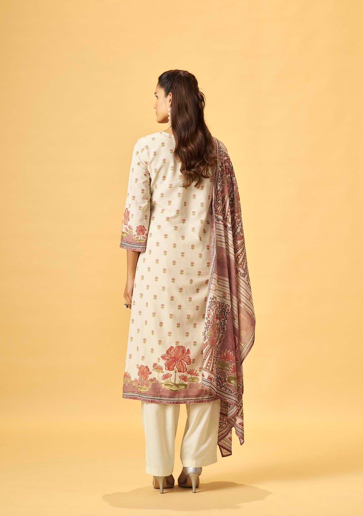 Cream Cotton Linen Digital Print Straight Kurta Set | Handwork Details | Cotton Mal Dupatta | 3-Piece