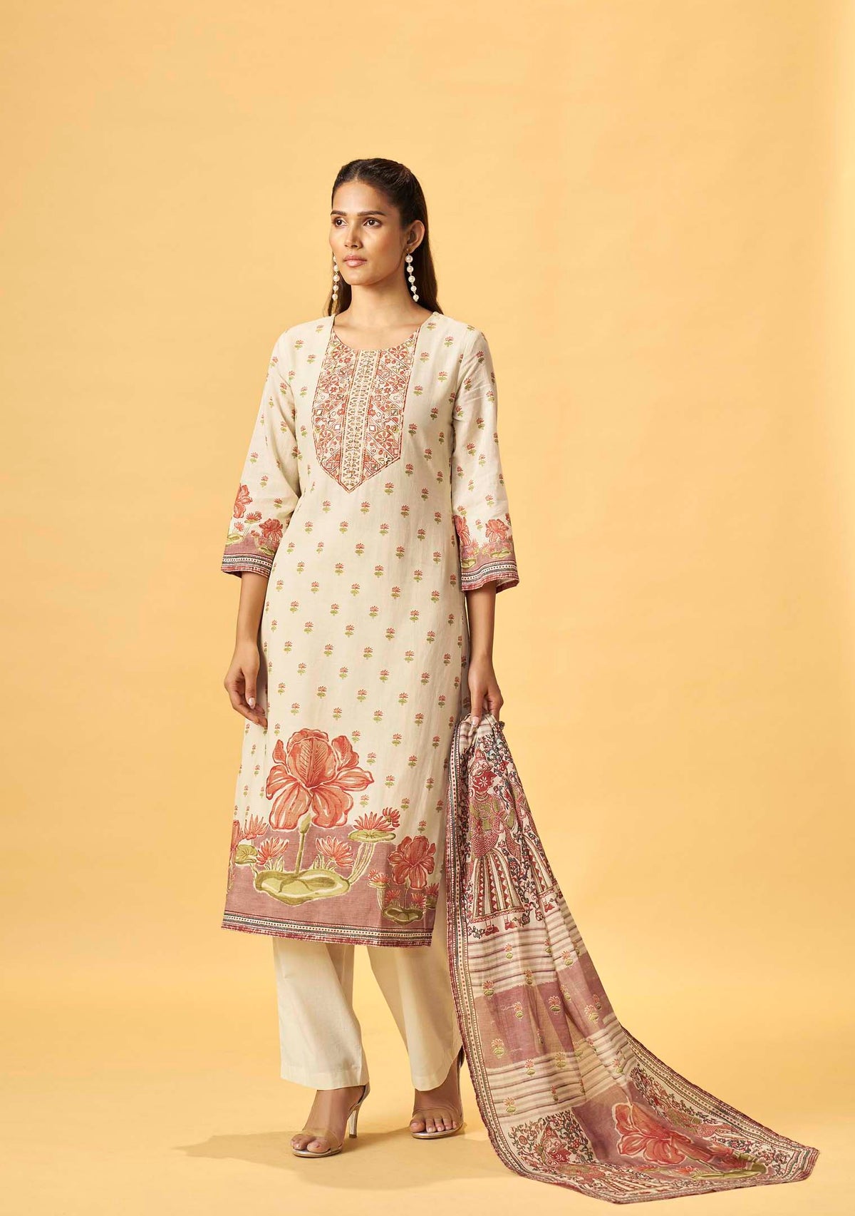 Cream Cotton Linen Digital Print Straight Kurta Set | Handwork Details | Cotton Mal Dupatta | 3-Piece