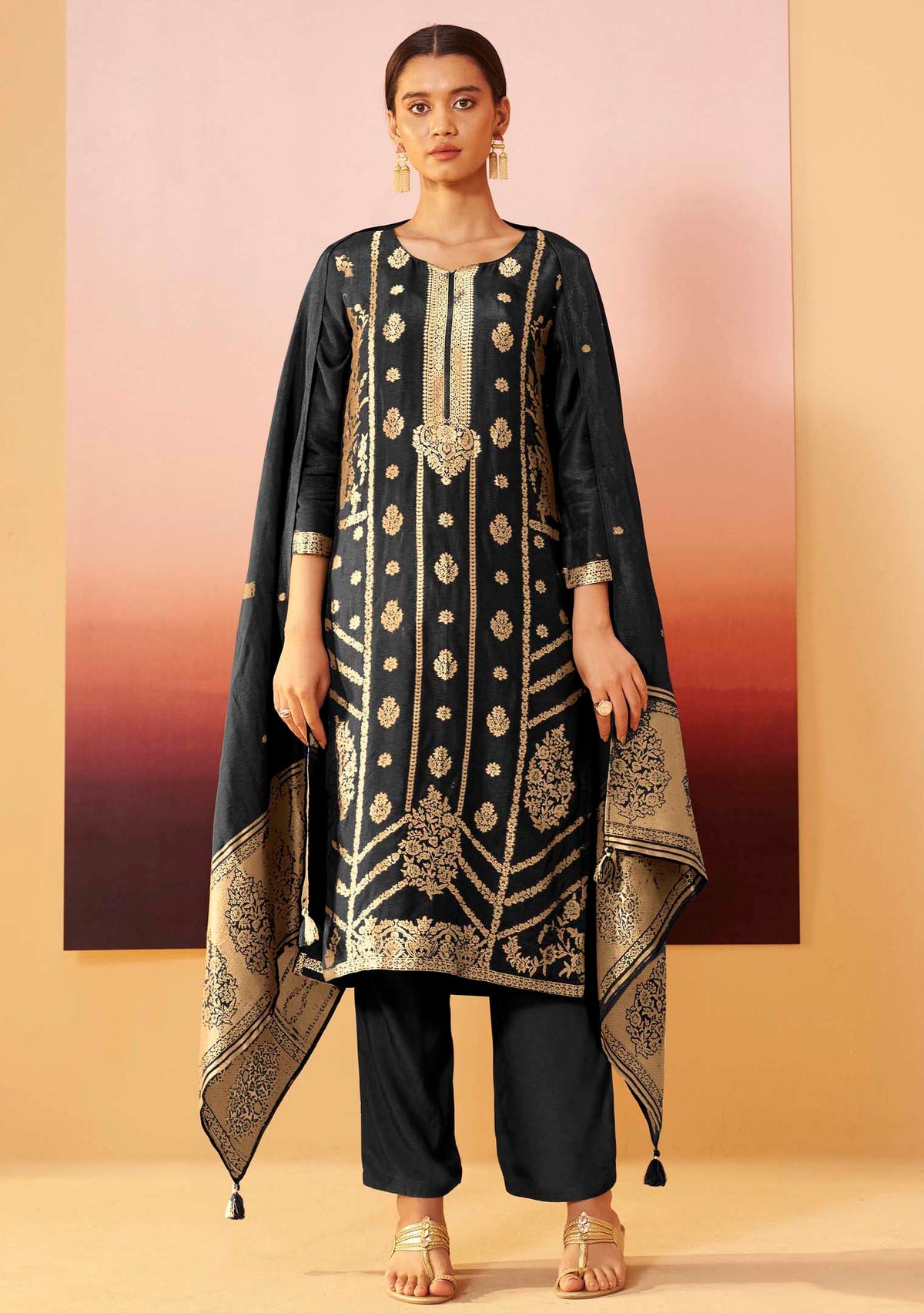 Black Dola Silk Jacquard Straight Kurta Set | Zari Woven 3-Piece | Festive 2026