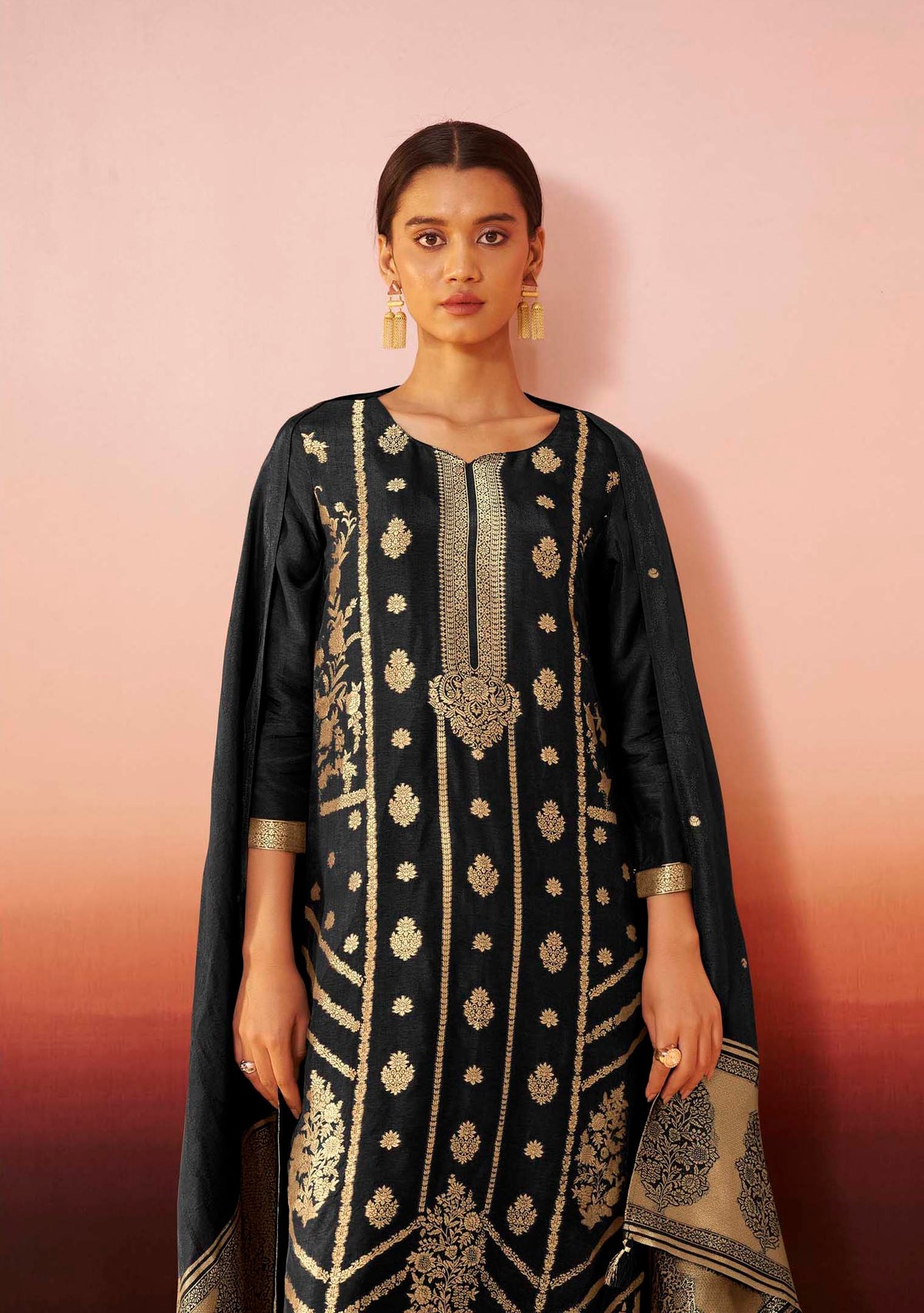 Black Dola Silk Jacquard Straight Kurta Set | Zari Woven 3-Piece | Festive 2026