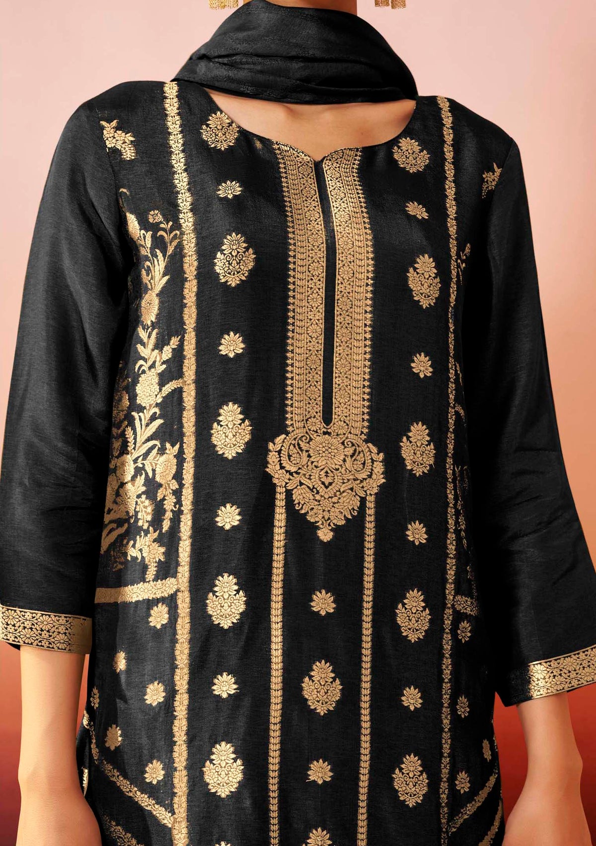 Black Dola Silk Jacquard Straight Kurta Set | Zari Woven 3-Piece | Festive 2026