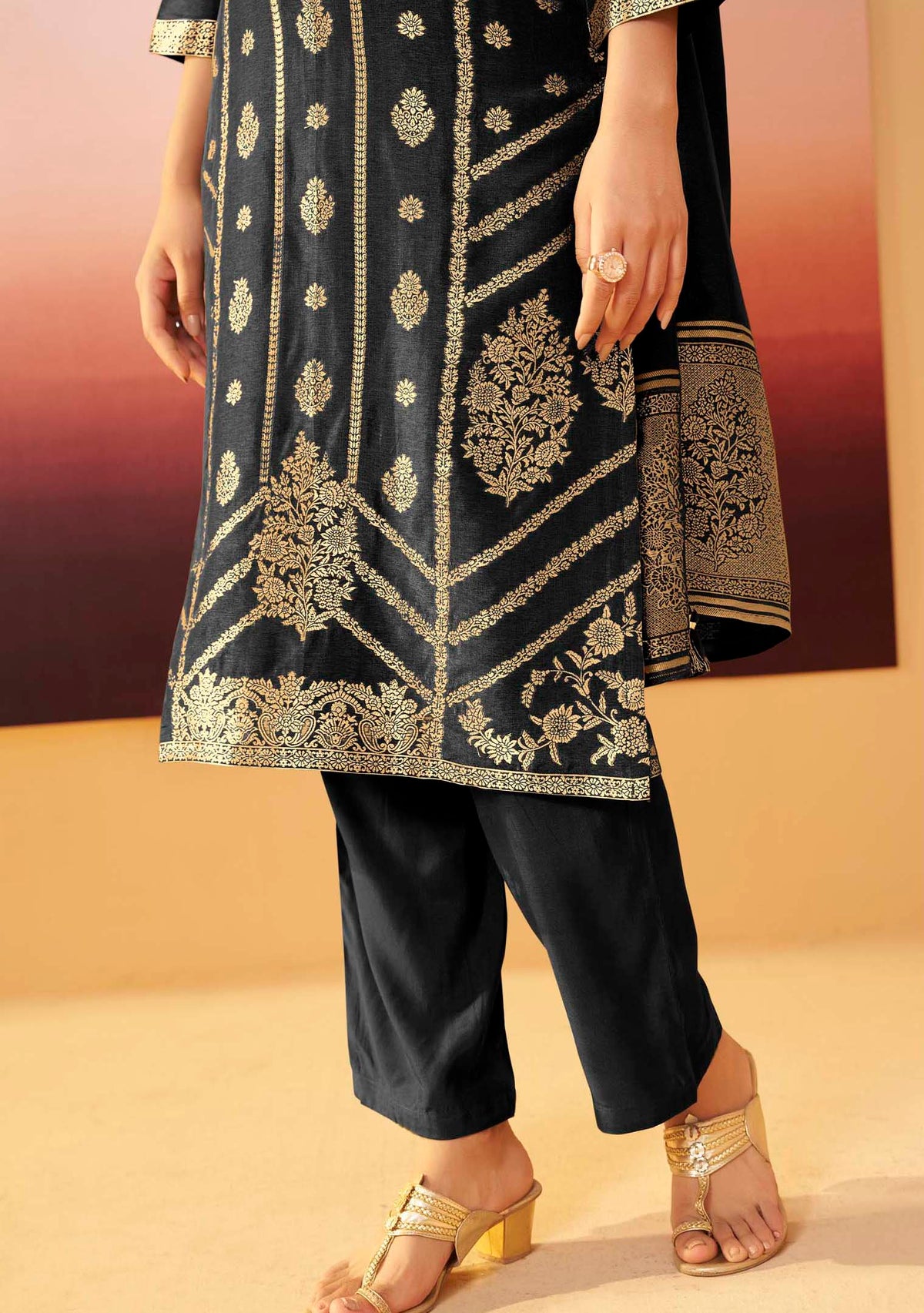 Black Dola Silk Jacquard Straight Kurta Set | Zari Woven 3-Piece | Festive 2026
