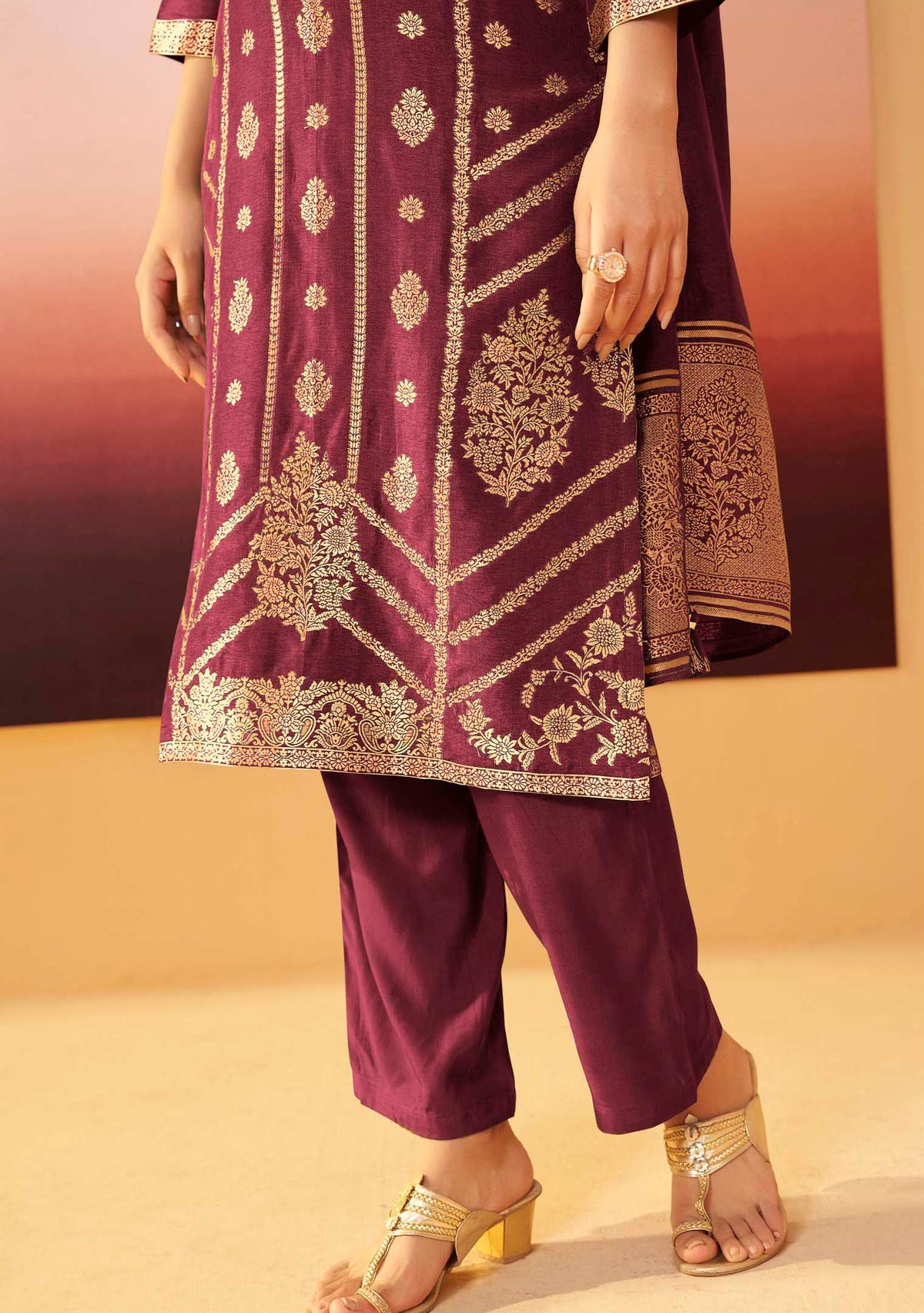 Wine Dola Silk Jacquard Straight Kurta Set | Zari Woven 3-Piece | Festive 2026