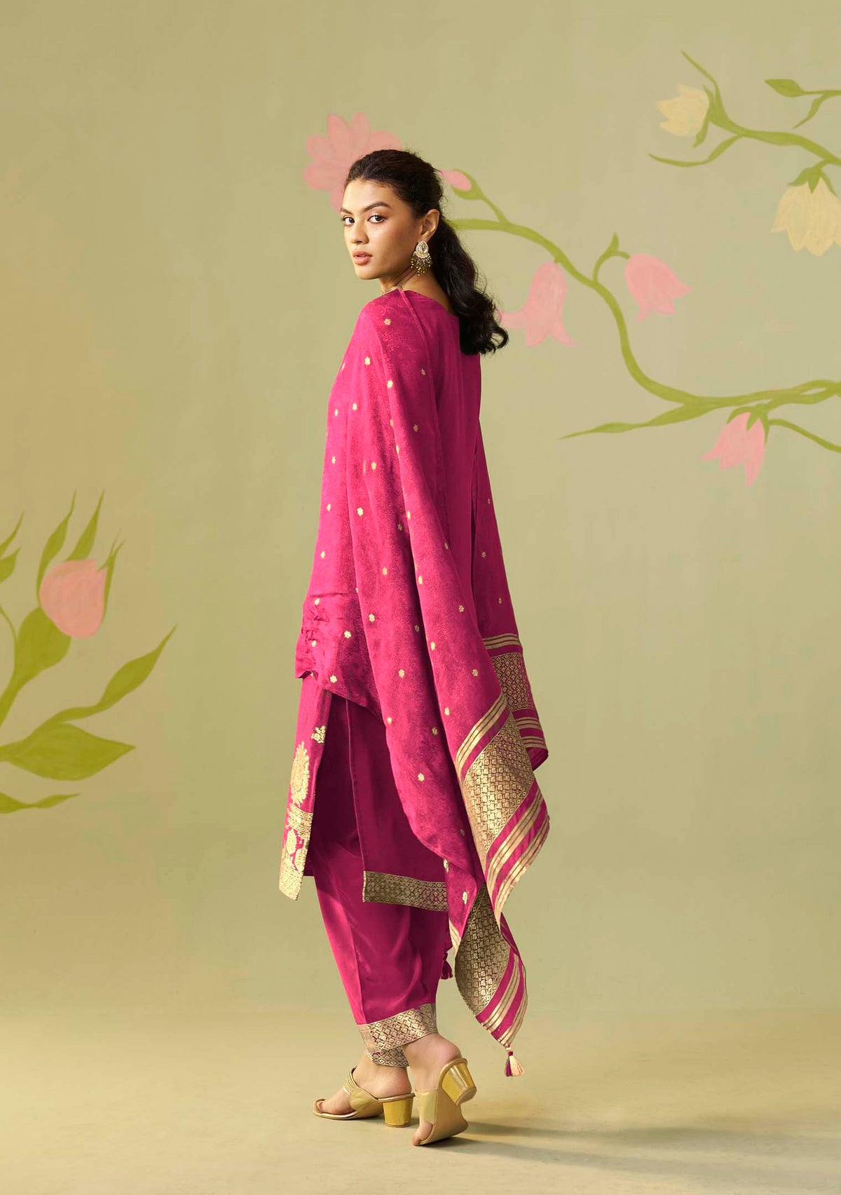 Rani Pink Dola Silk Jacquard Straight Kurta Set | Zari Woven 3-Piece | Festive 2026