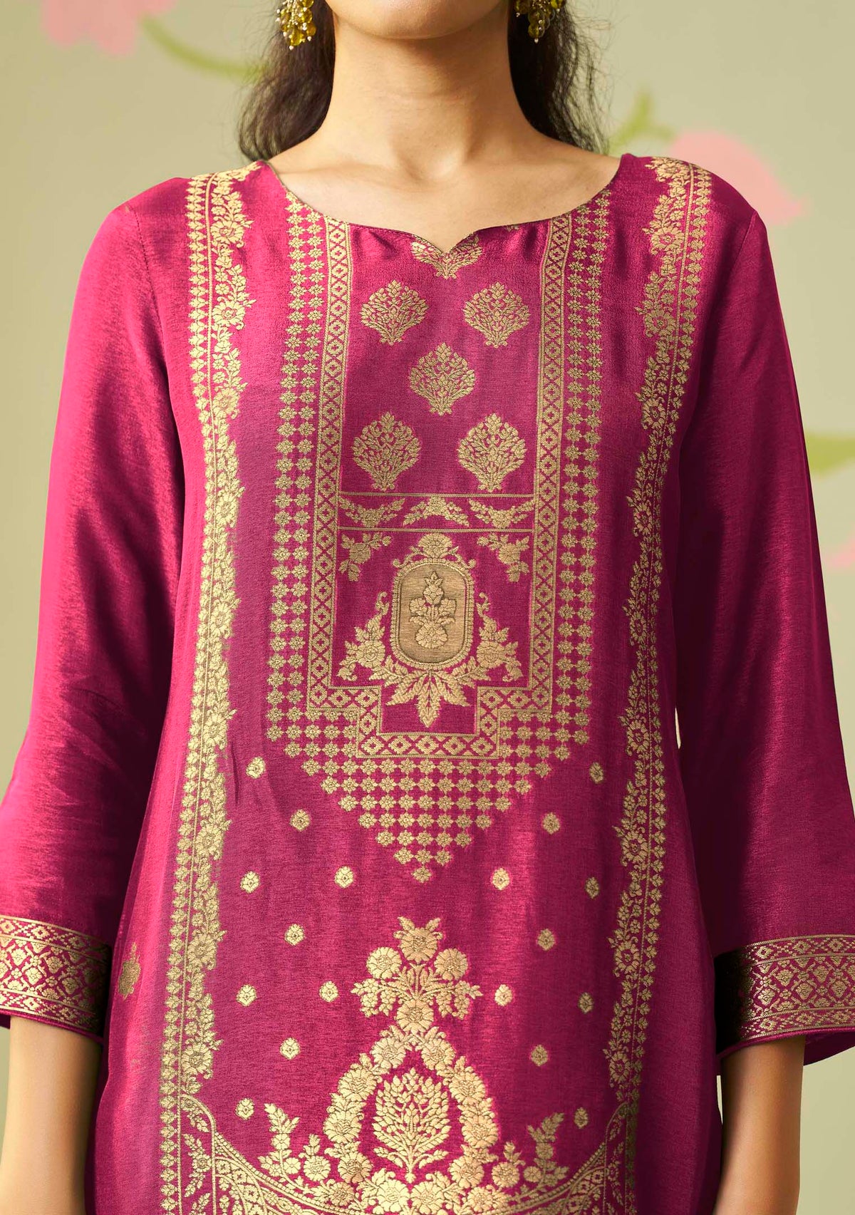 Rani Pink Dola Silk Jacquard Straight Kurta Set | Zari Woven 3-Piece | Festive 2026