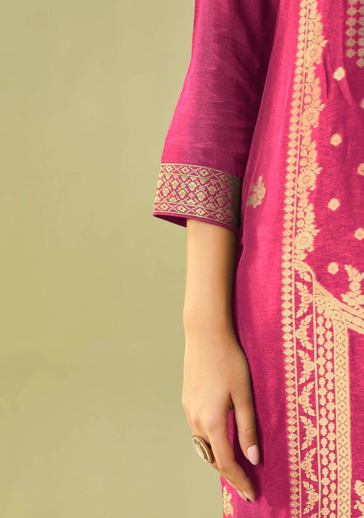 Rani Pink Dola Silk Jacquard Straight Kurta Set | Zari Woven 3-Piece | Festive 2026