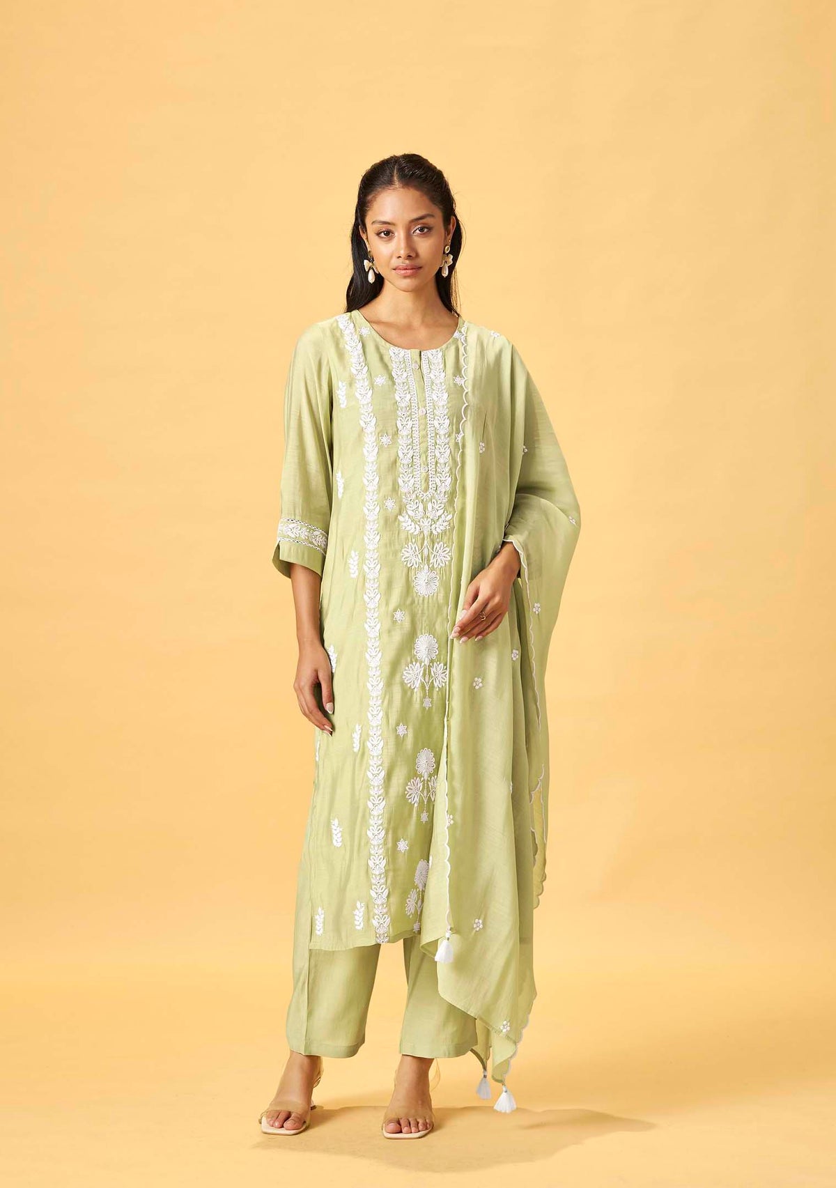 Green Chanderi Chikankari Straight Kurta Set | Embroidered Dupatta | 3-Piece | Festive 2026