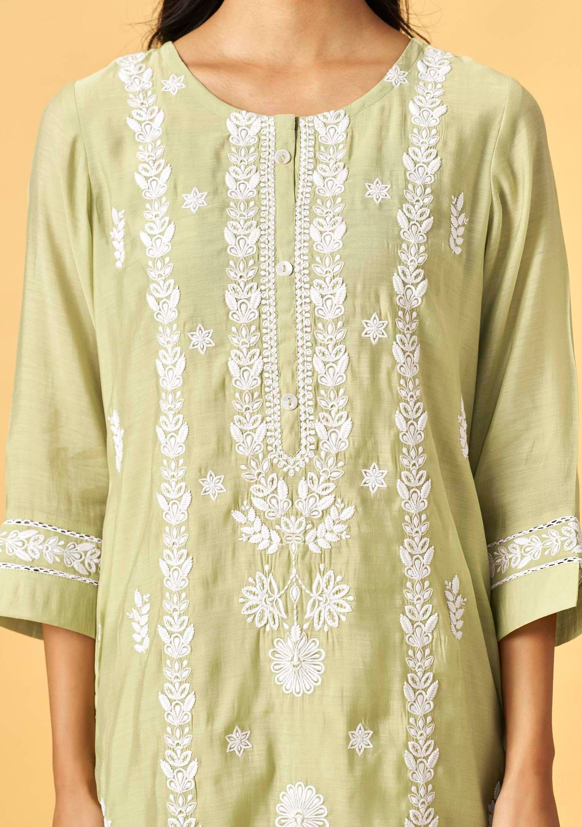Green Chanderi Chikankari Straight Kurta Set | Embroidered Dupatta | 3-Piece | Festive 2026