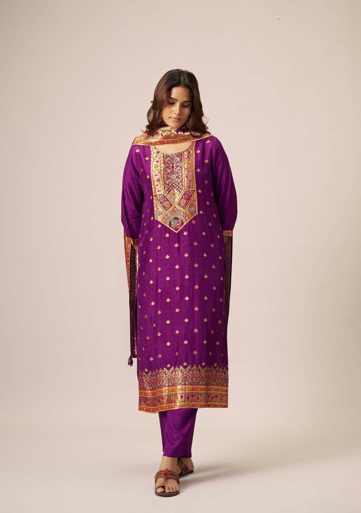 Royal Purple Dola Silk Straight Kurta Set | Position Print Multicolour Jacquard Dupatta | Handwork | Festive 2026