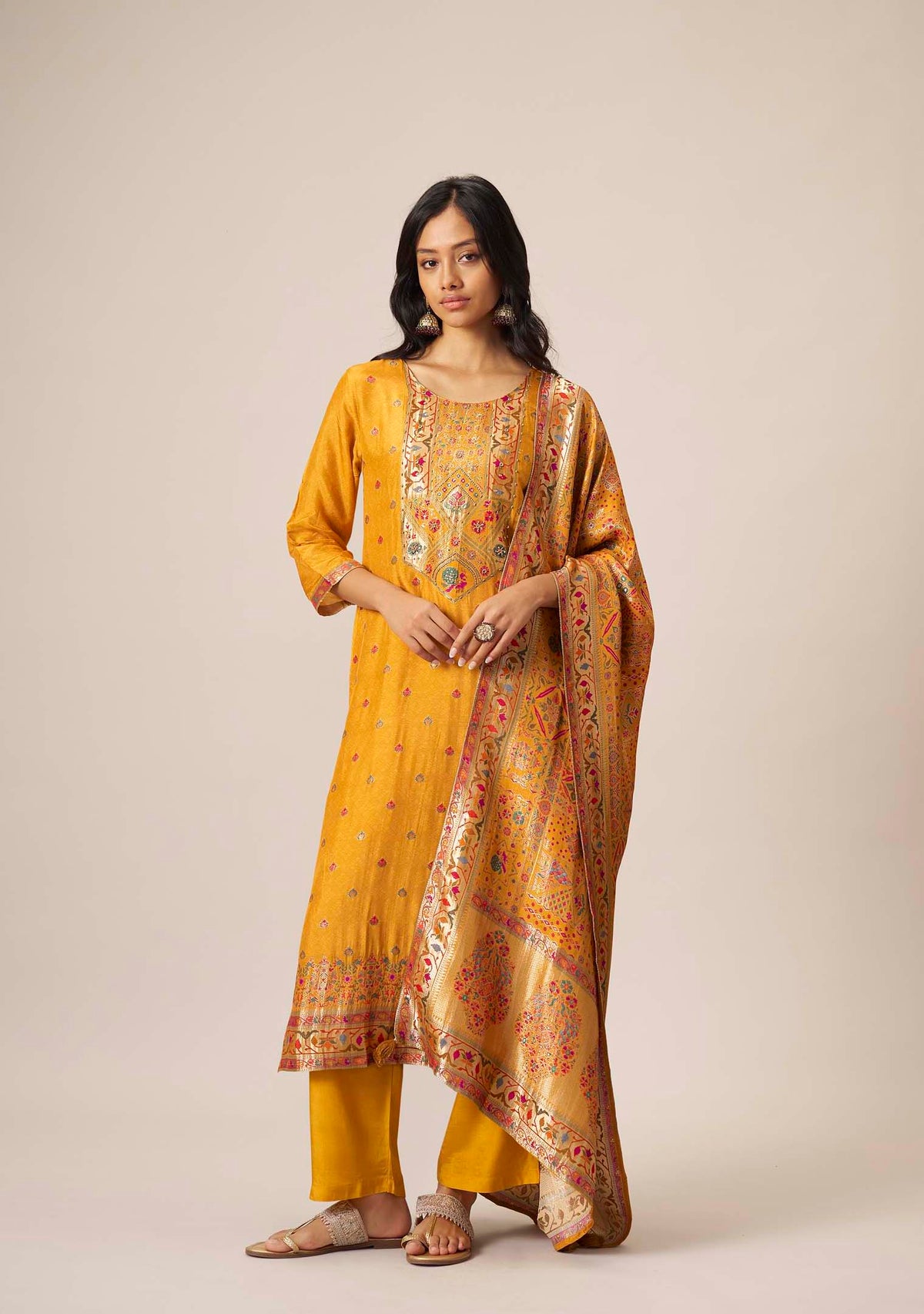 Mustard Dola Silk Straight Kurta Set | Position Print Multicolour Jacquard Dupatta | Handwork | Festive 2026