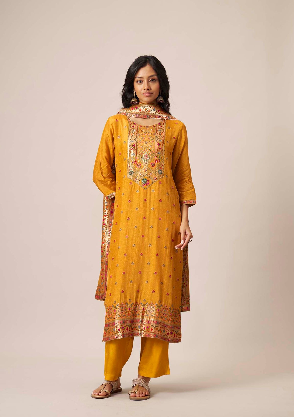 Mustard Dola Silk Straight Kurta Set | Position Print Multicolour Jacquard Dupatta | Handwork | Festive 2026