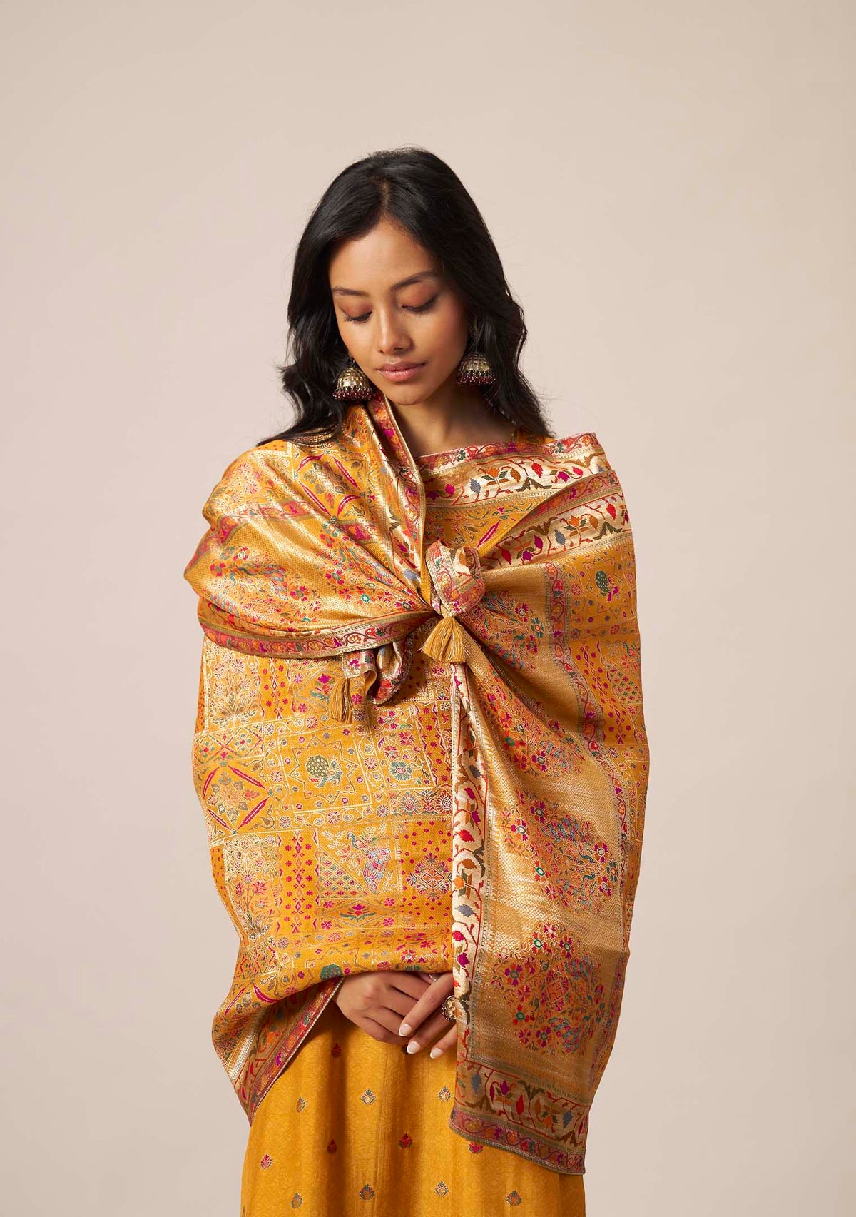 Mustard Dola Silk Straight Kurta Set | Position Print Multicolour Jacquard Dupatta | Handwork | Festive 2026