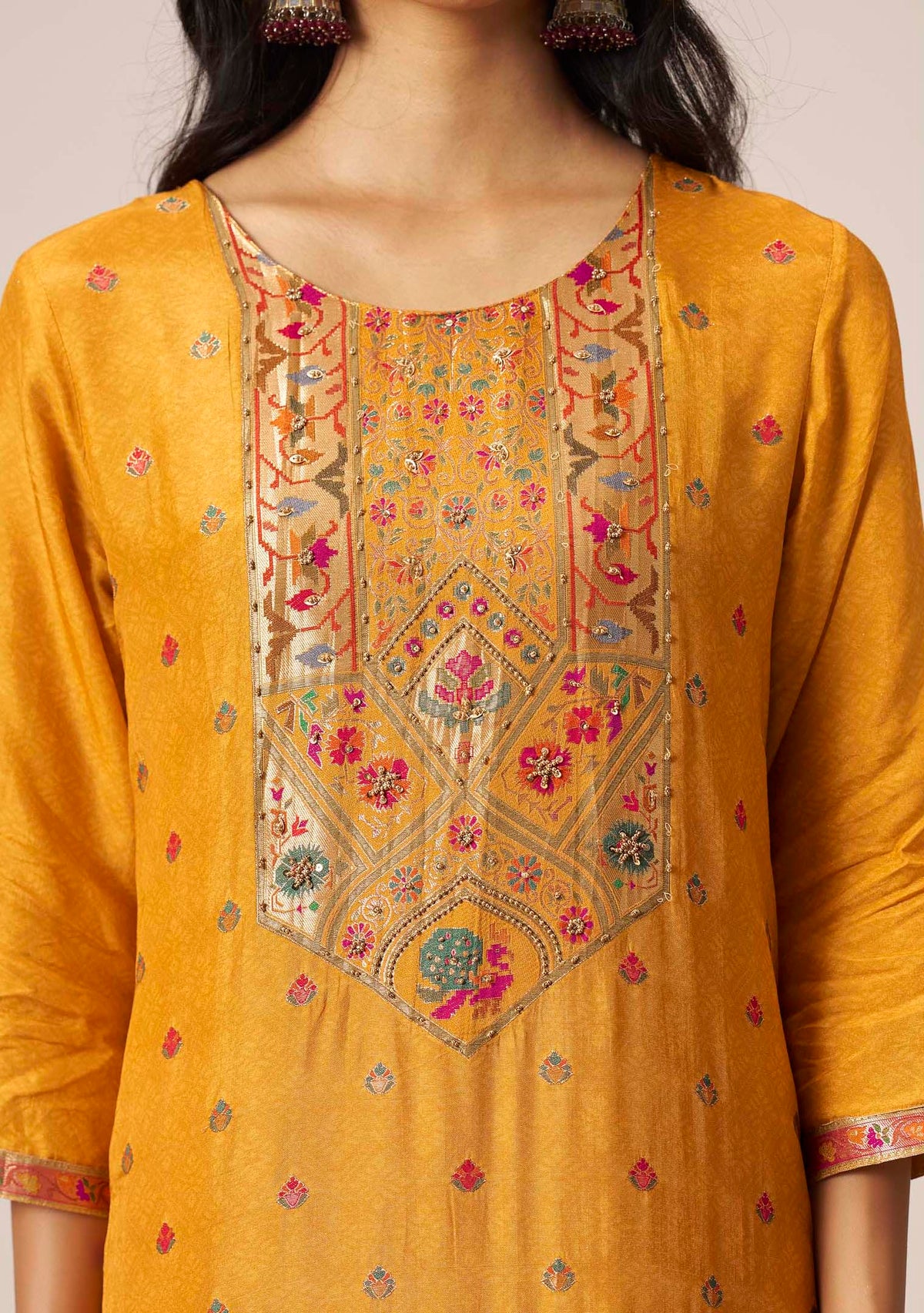 Mustard Dola Silk Straight Kurta Set | Position Print Multicolour Jacquard Dupatta | Handwork | Festive 2026