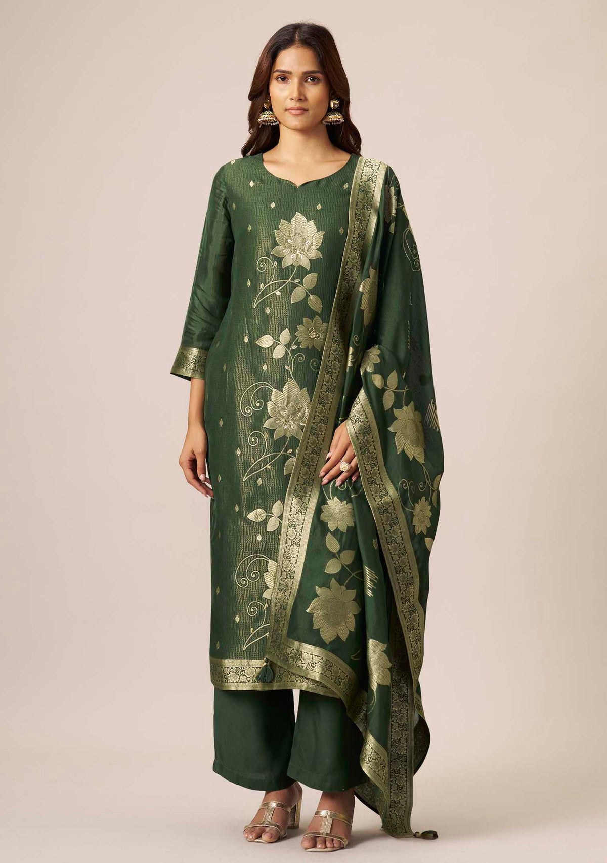 Bottle Green Dola Silk Floral Jacquard Straight Kurta Set with Handwork | 3-Piece | Festive 2026