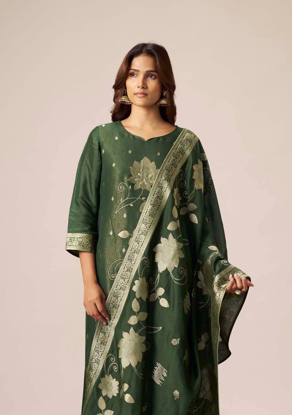Bottle Green Dola Silk Floral Jacquard Straight Kurta Set with Handwork | 3-Piece | Festive 2026