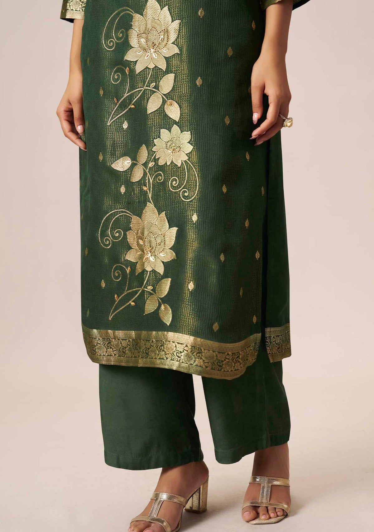 Bottle Green Dola Silk Floral Jacquard Straight Kurta Set with Handwork | 3-Piece | Festive 2026