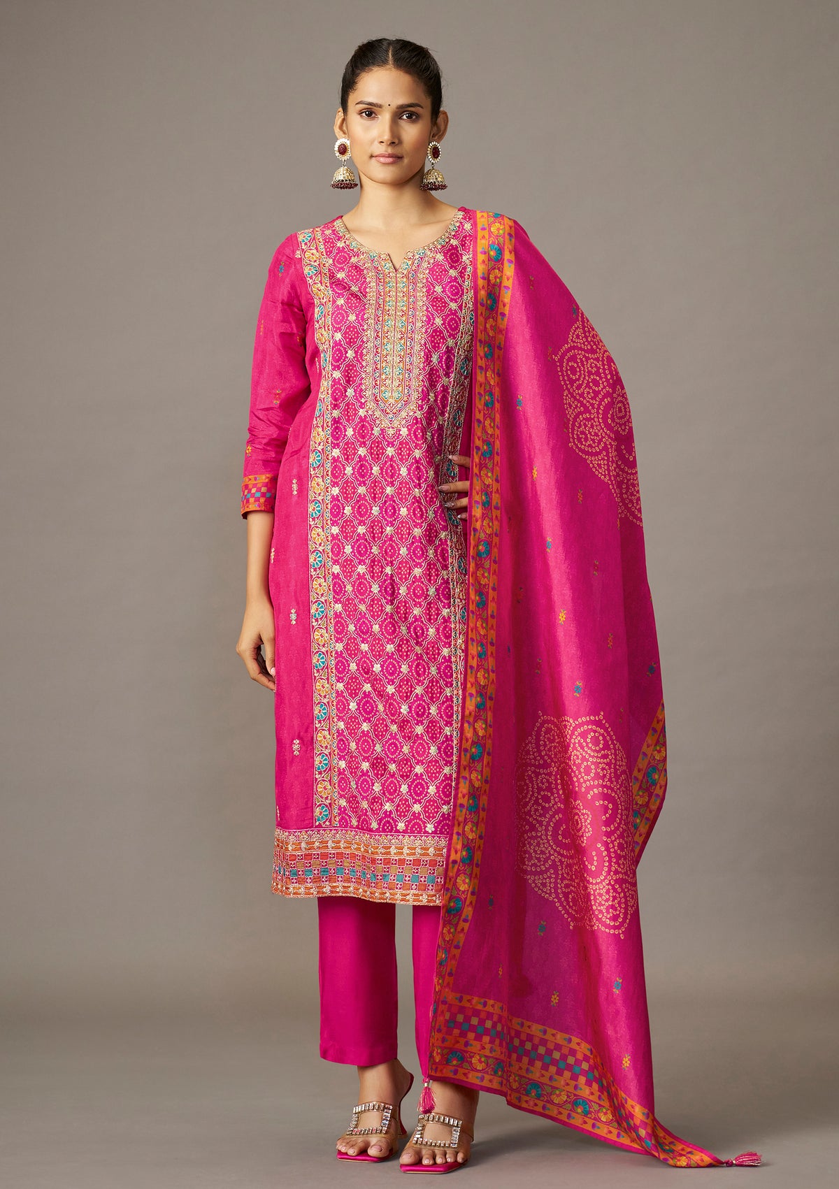 Dola Silk Position Print Kurti Set | Rani Pink Cording Embroidery with Straight Pant & Digital Print DupattaKurta Set