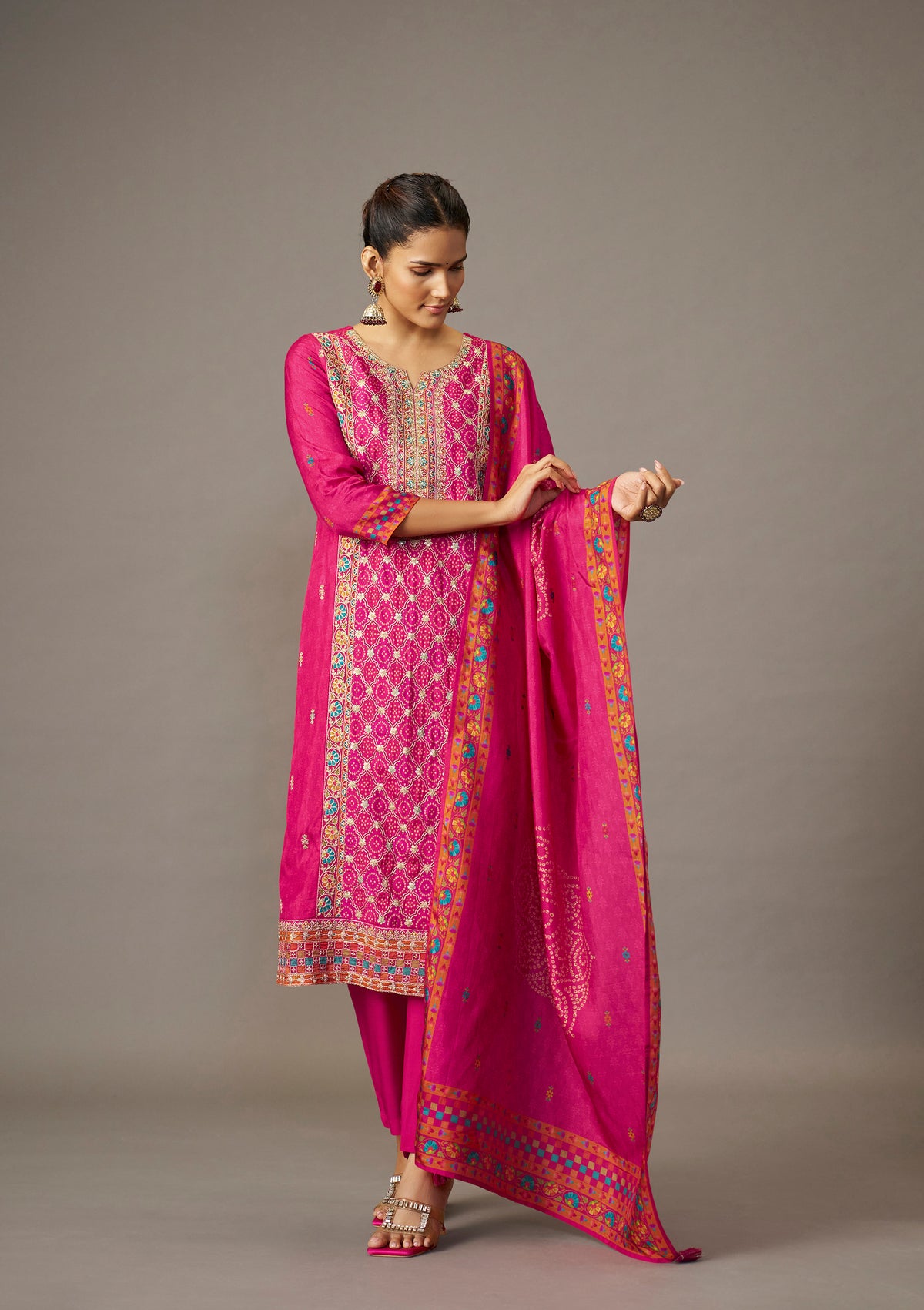 Dola Silk Position Print Kurti Set | Rani Pink Cording Embroidery with Straight Pant & Digital Print DupattaKurta Set