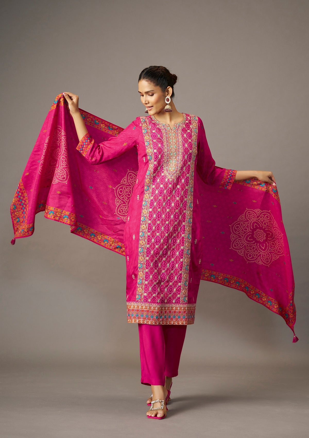 Dola Silk Position Print Kurti Set | Rani Pink Cording Embroidery with Straight Pant & Digital Print DupattaKurta Set