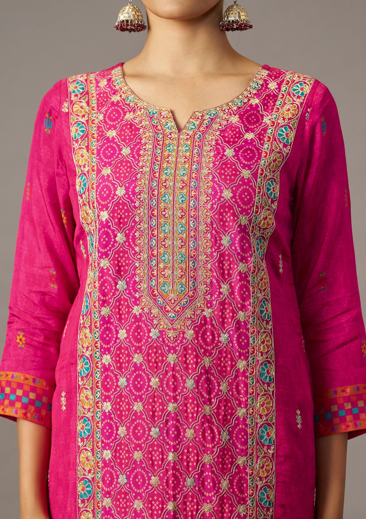 Dola Silk Position Print Kurti Set | Rani Pink Cording Embroidery with Straight Pant & Digital Print DupattaKurta Set