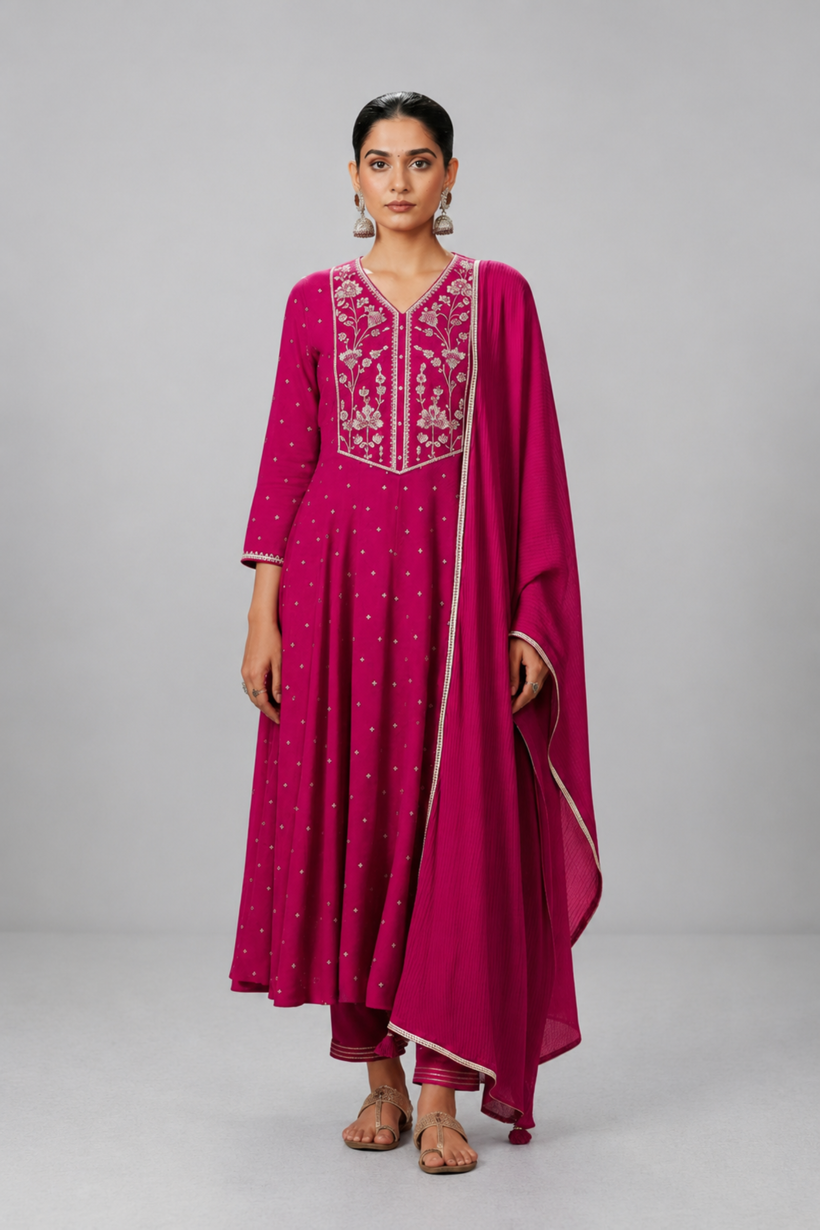Bold Magenta Mul Chanderi Table Print Anarkali Kurta Set