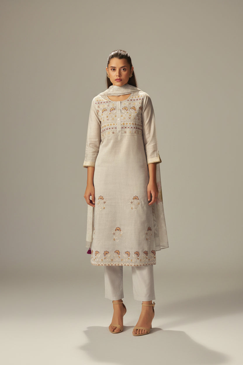 Stone Beige Chanderi Embroidery Kurta Set