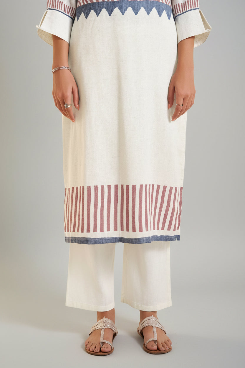 Bright White Pure Cotton Linen Digital Print Kurta Set