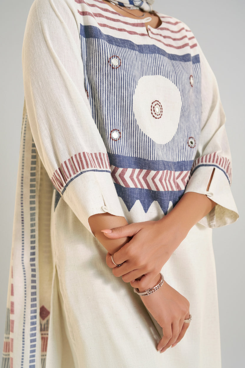 Bright White Pure Cotton Linen Digital Print Kurta Set