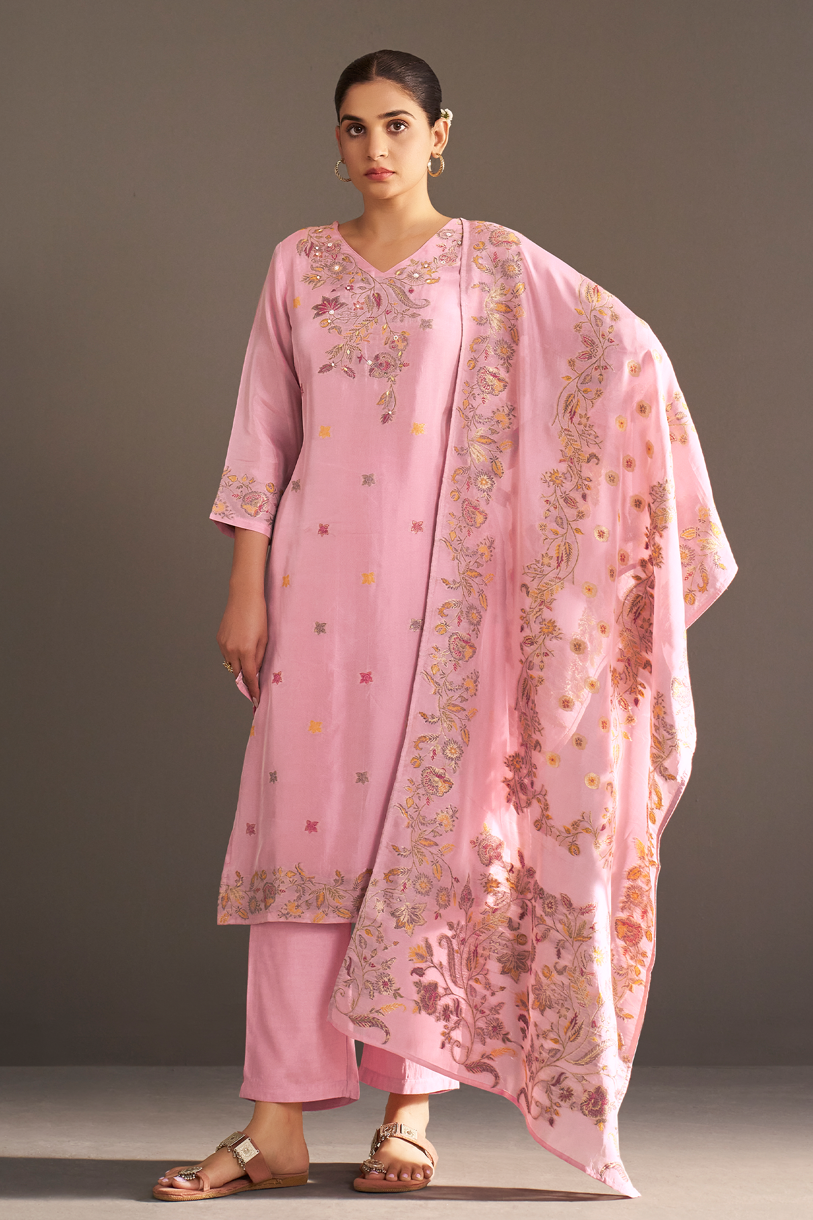 Soft Peony Chanderi Multi-Meena Work Jacquard Kurta Set