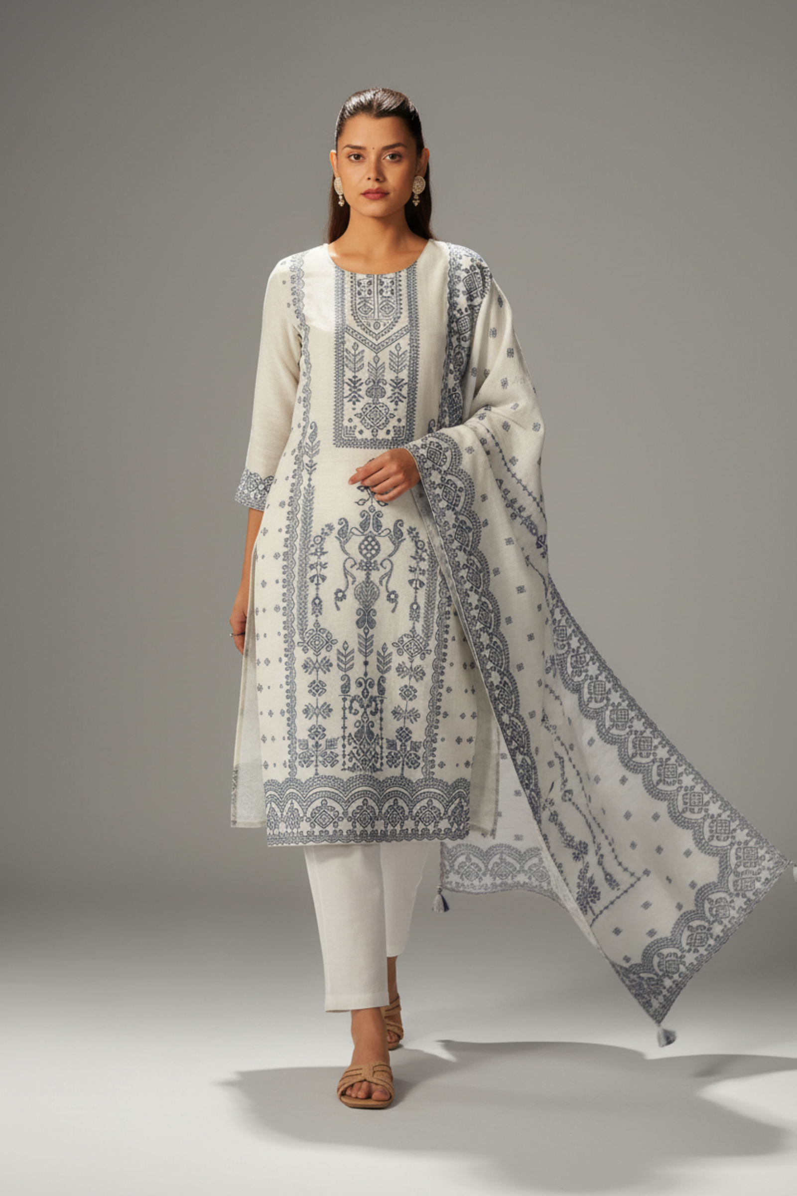 Moonstone Ivory Linen Jacquard Kurta Set