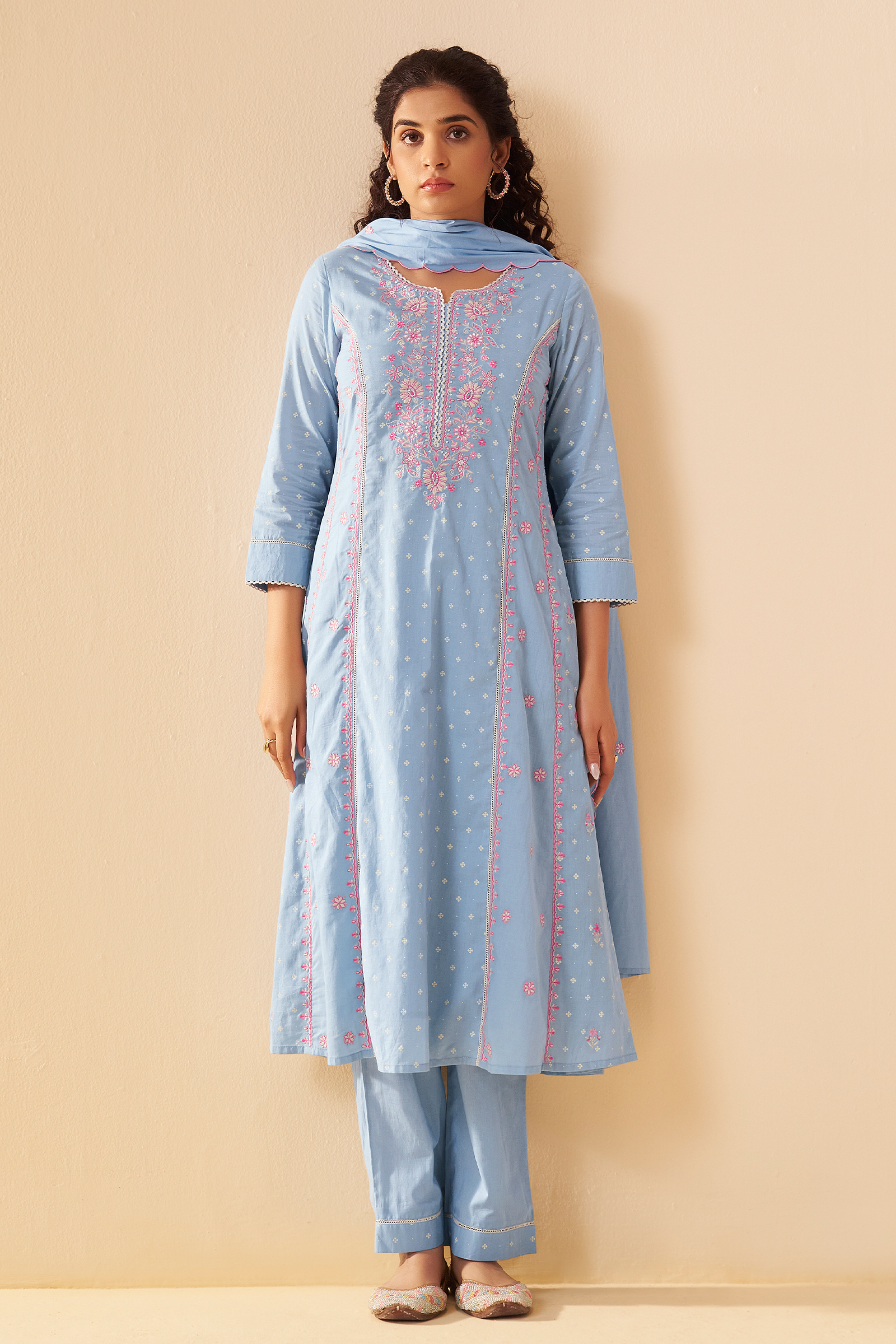 Pastel Sky Table Print Embroidered Kurta Set