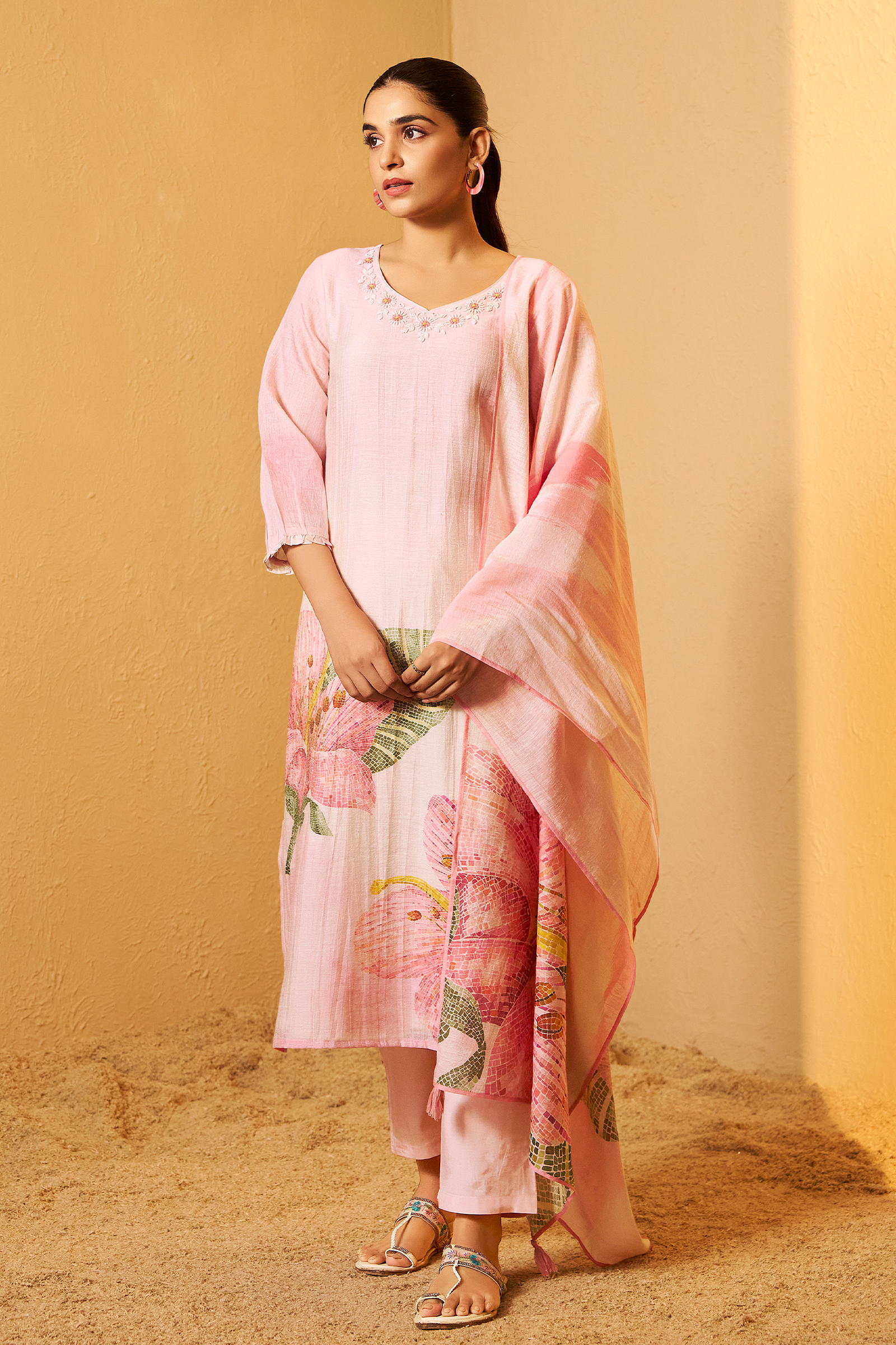 Soft Lotus Pink Shimmer Linen Digital Print Kurta Set