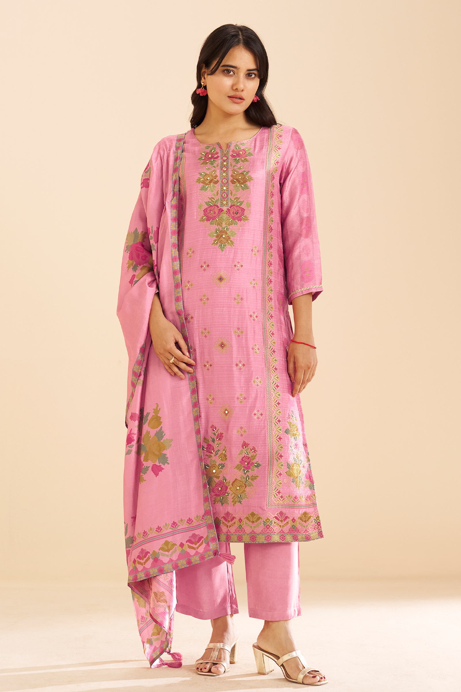 Rose Reverie Printed Viscose Jacquard Kurta Set