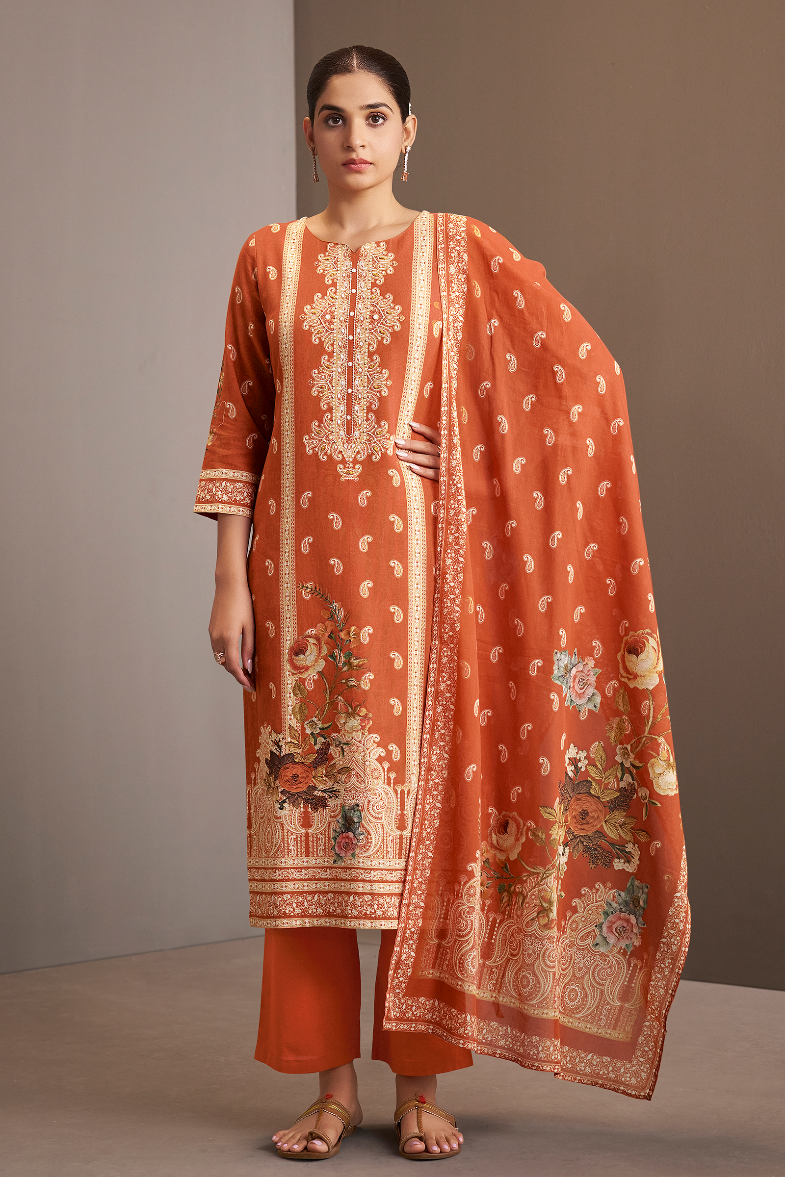 Rust Amber Cotton Linen Digital Printed Kurta Set