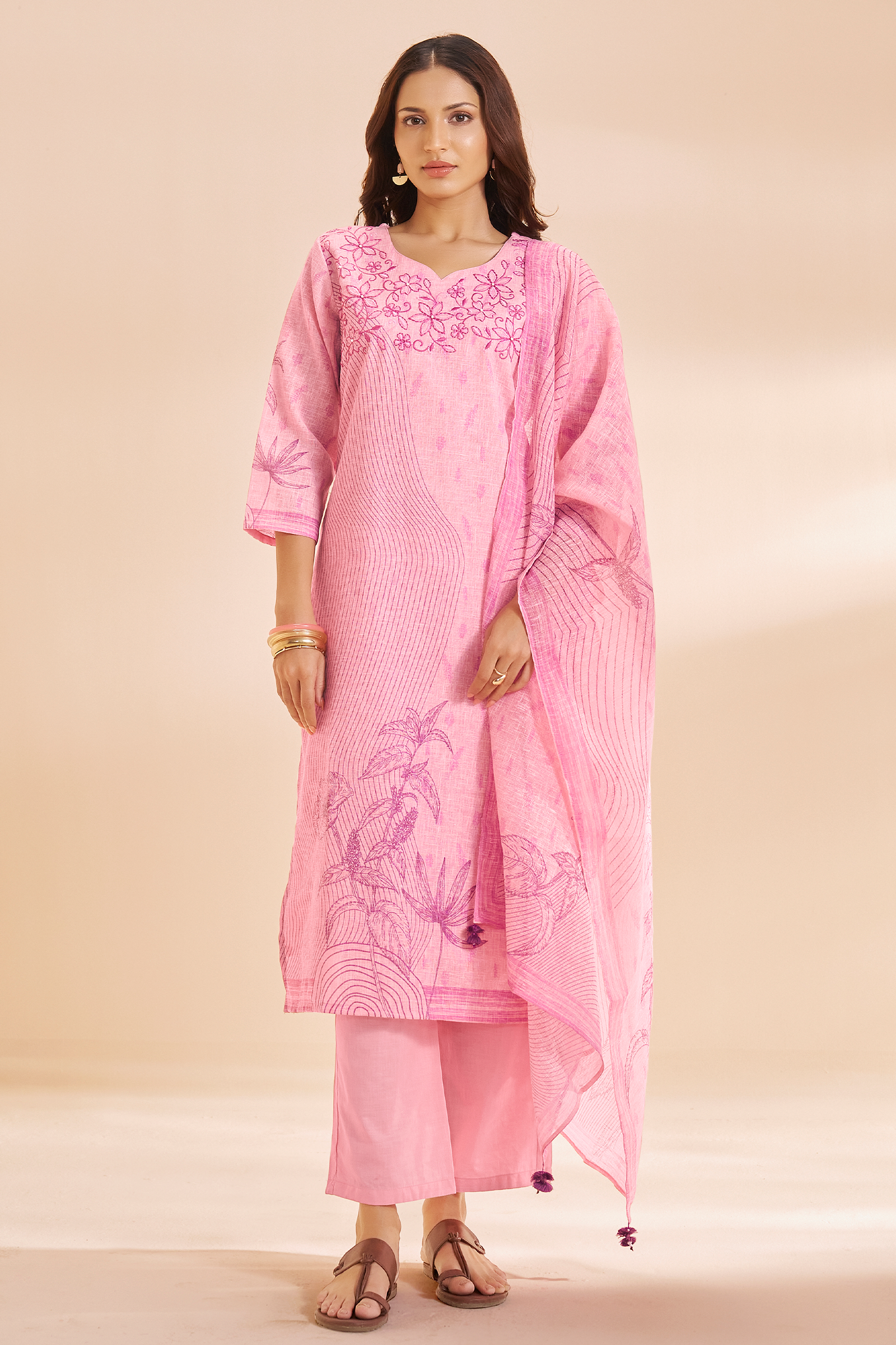 Soft Fuchsia Linen Cotton Digital Printed Kurta Set