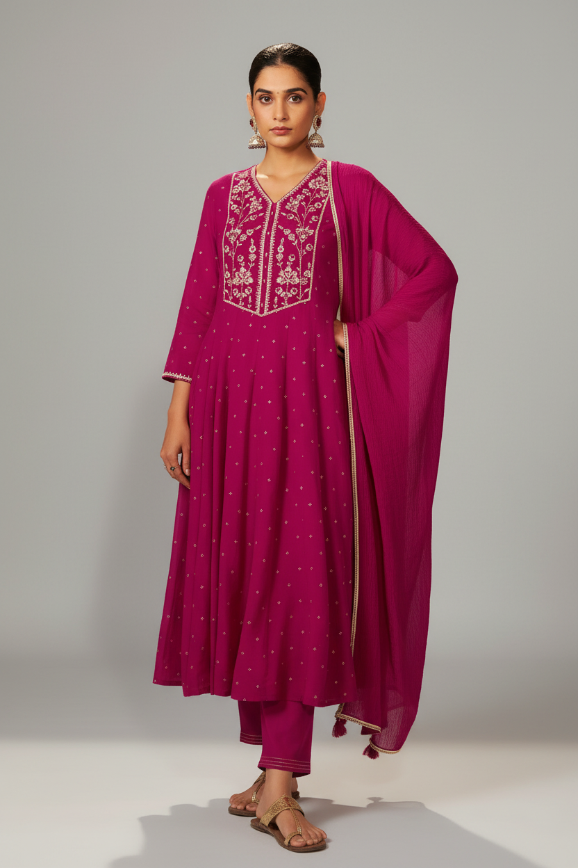 Bold Magenta Mul Chanderi Table Print Anarkali Kurta Set