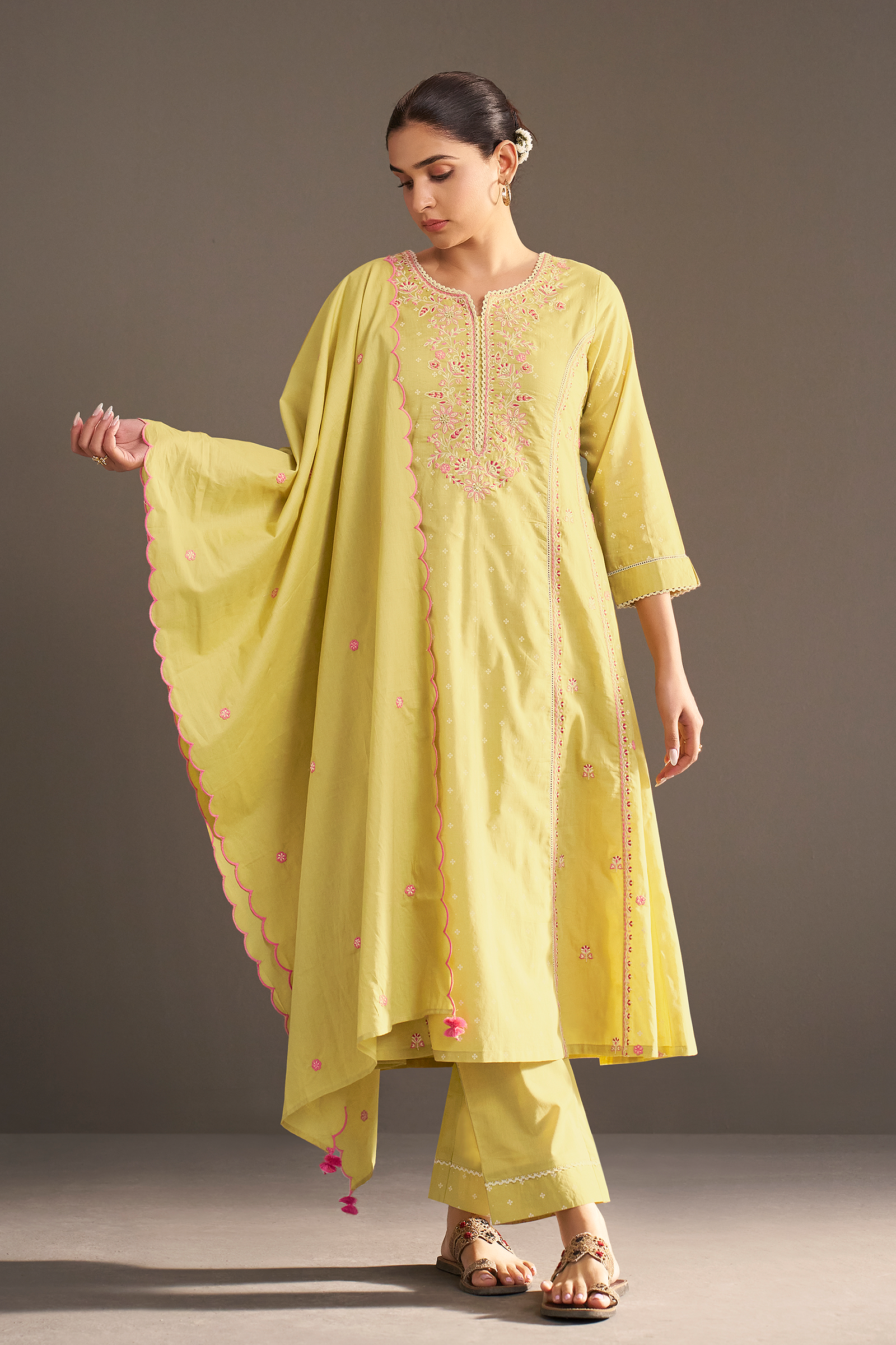 Lime Sorbet Table Print Embroidered Kurta Set