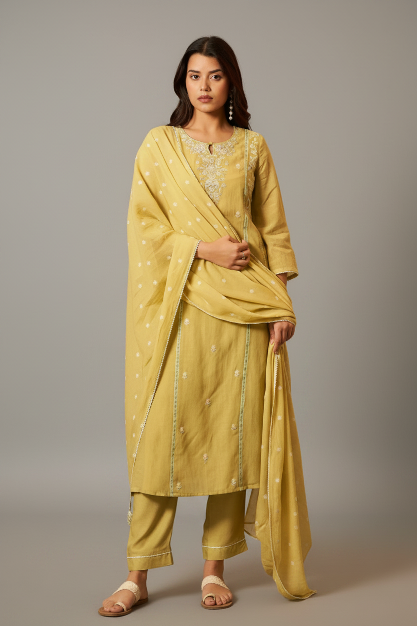 Sunlit Ochre Mul Chanderi A-Line Embroidery Kurta Set
