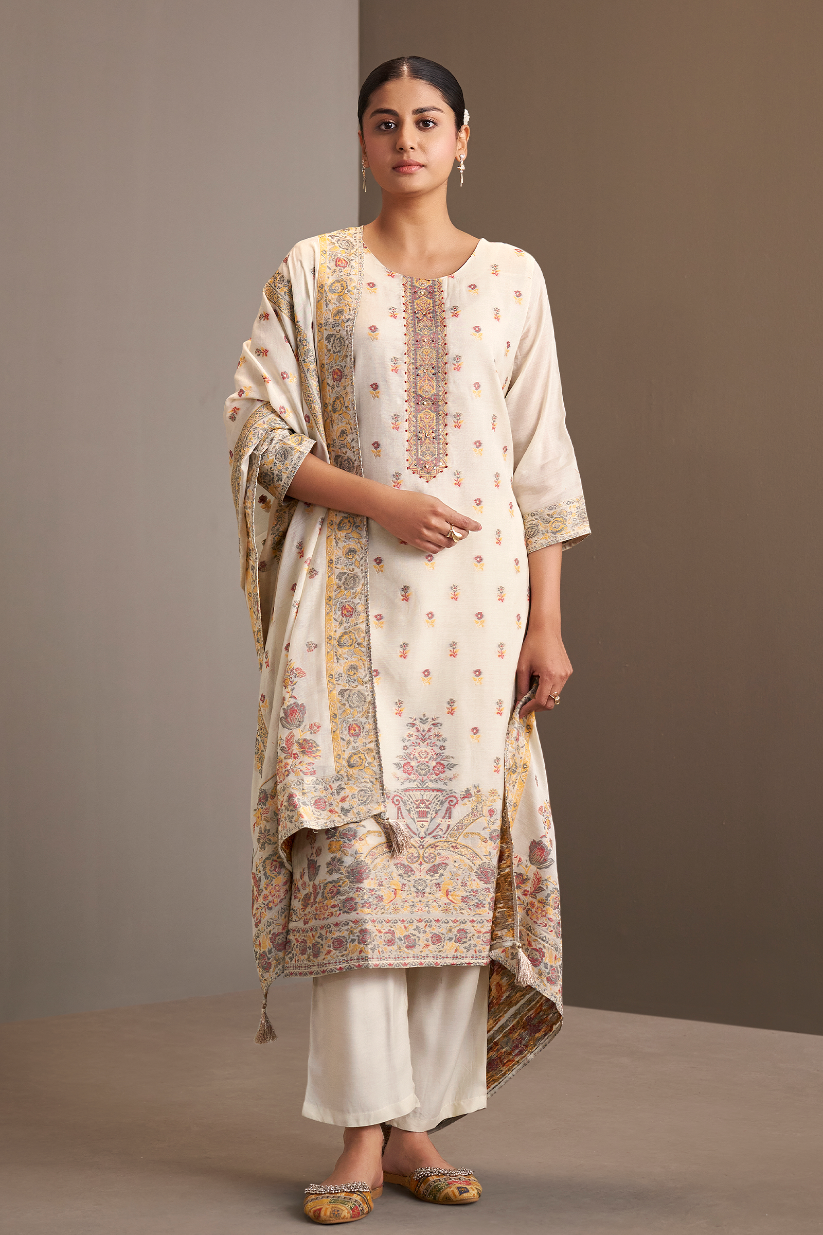 Cream Gold Chanderi Multi-Meena Jacquard Kurta Set