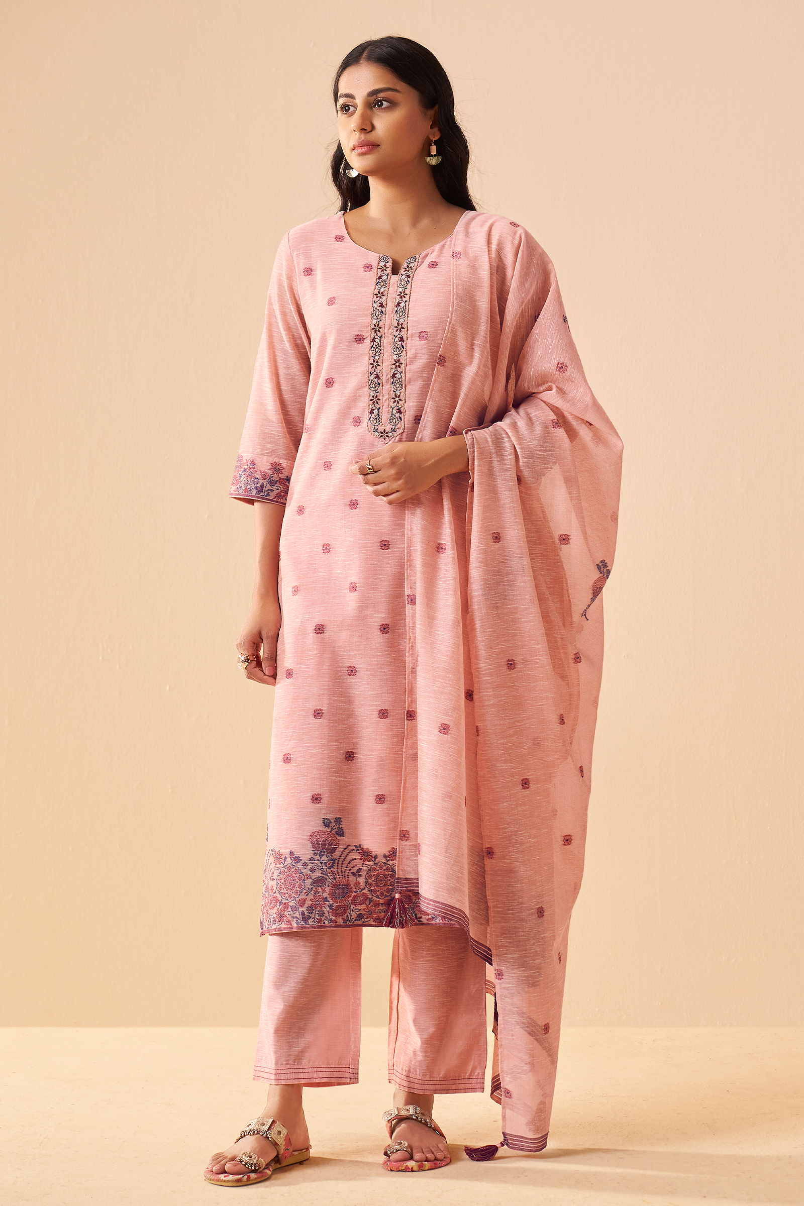 Truffle Pink Linen Chanderi Jacquard Kurta Set