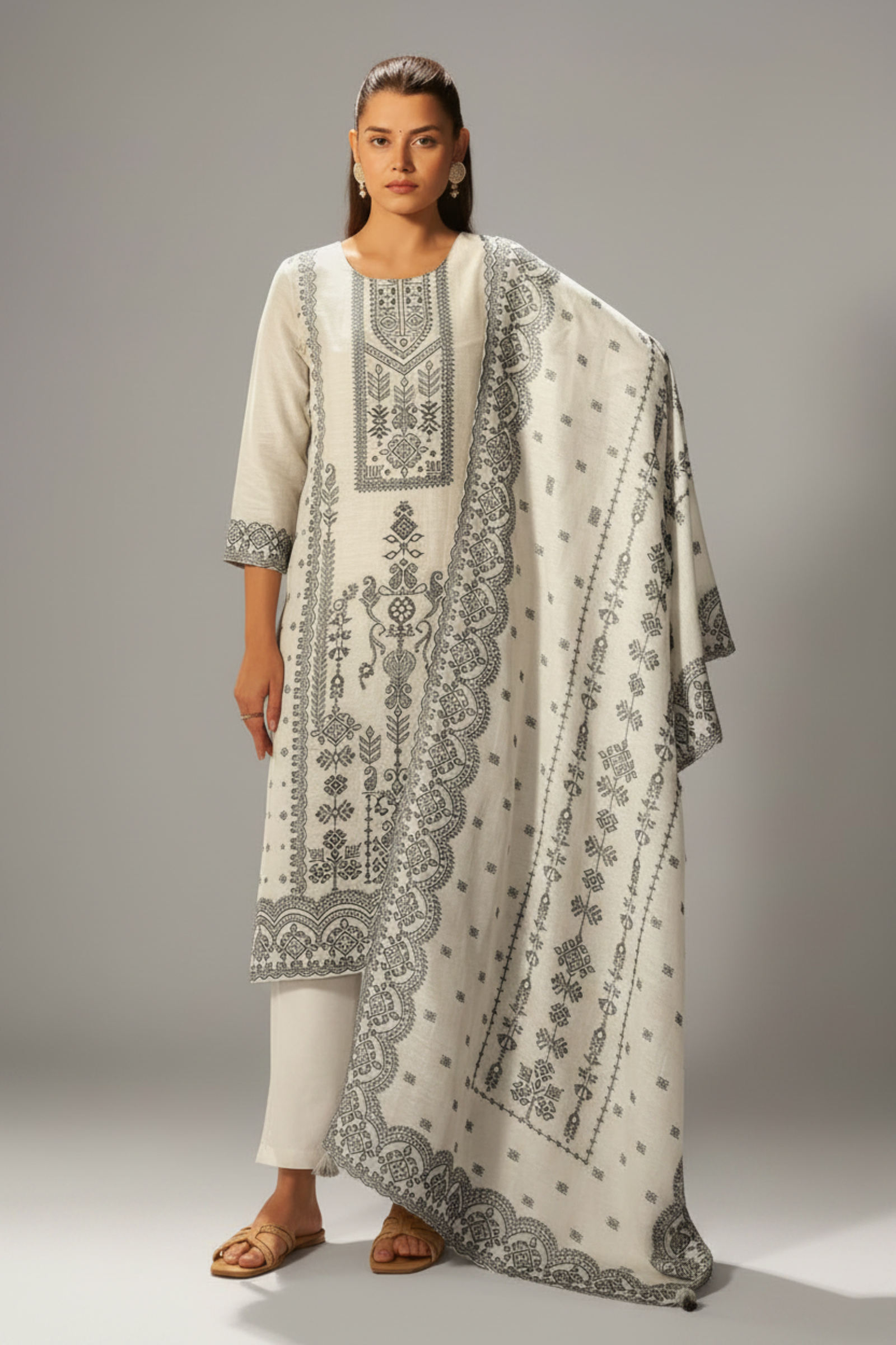 Moonstone Ivory Linen Jacquard Kurta Set