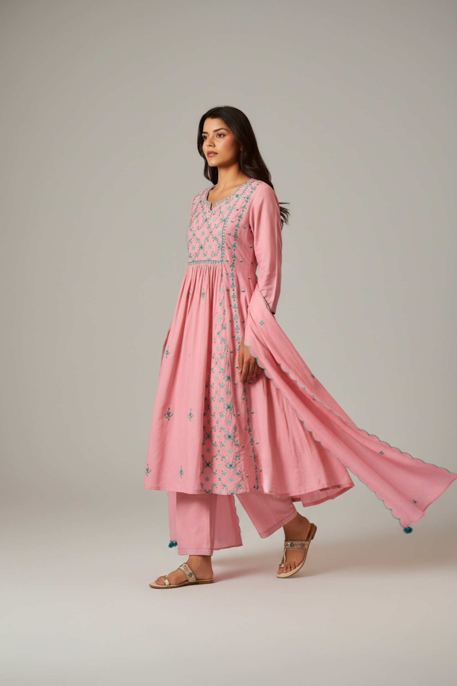 Gulabi Mist A-Line Cotton Embroidery Kurta Set