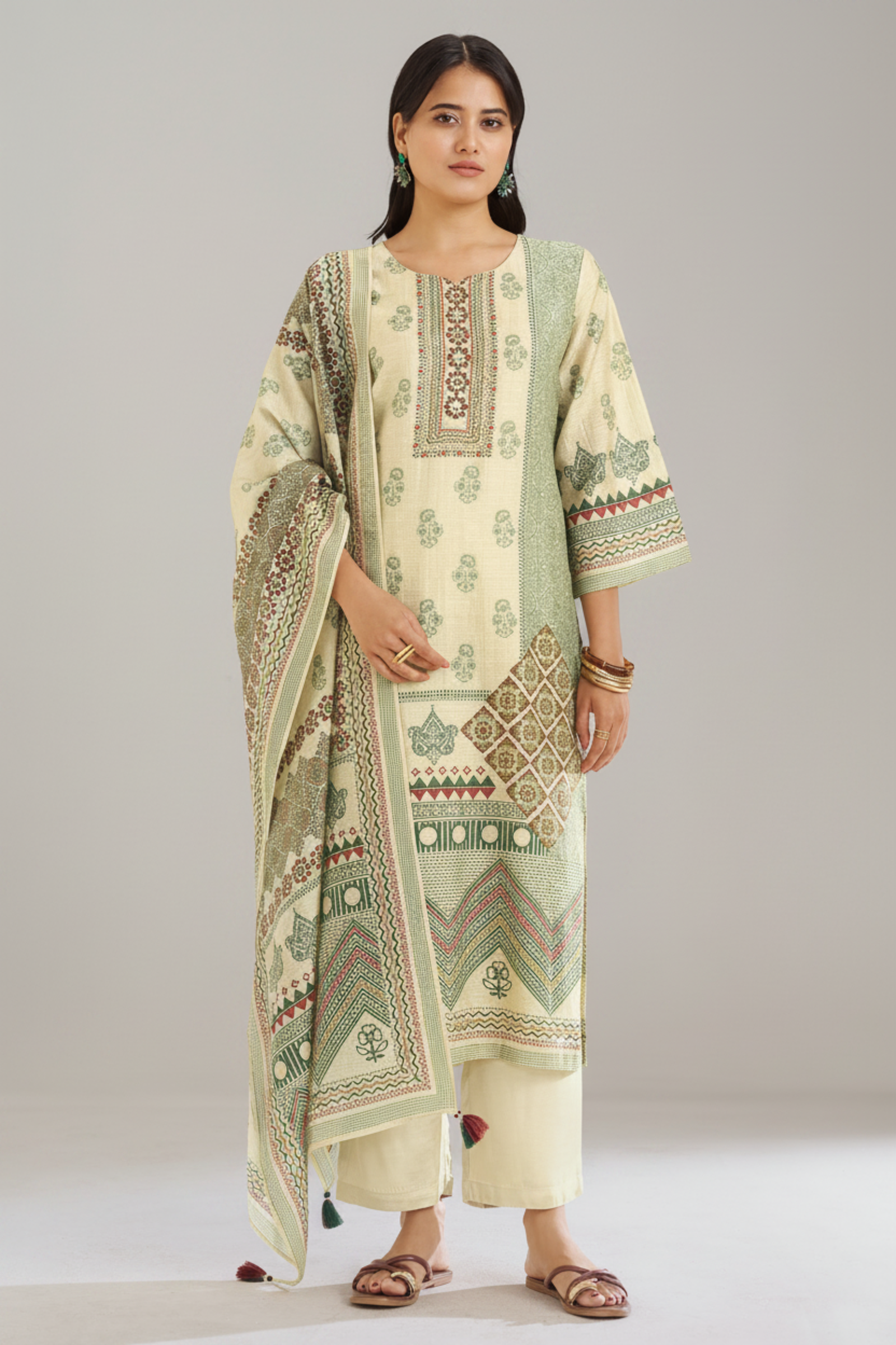 Pistachio Sage Shimmer linen Digital printed Kurta Set