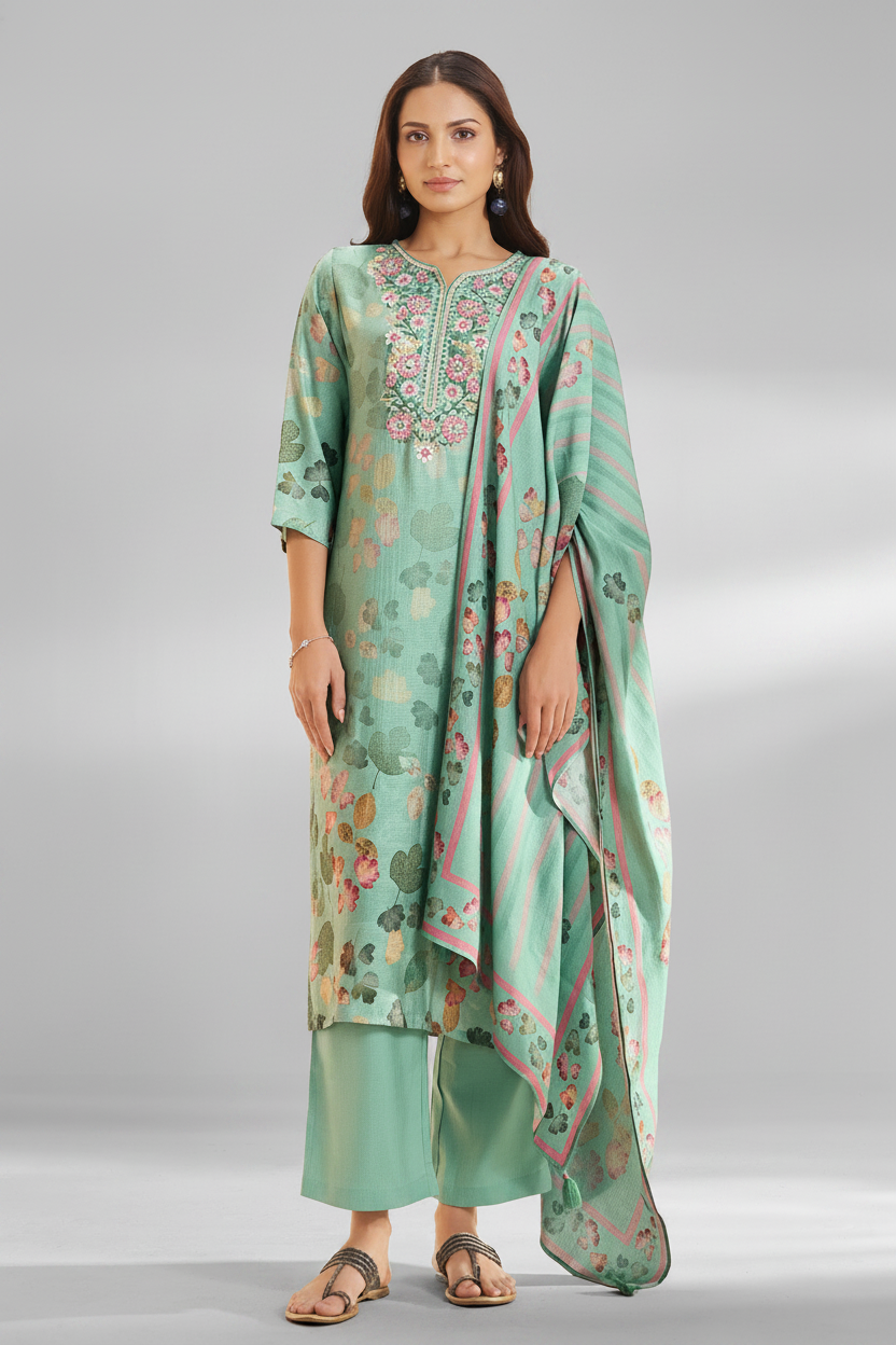 Soft Jade Digital Printed & Embroidered Viscose Kurta Set