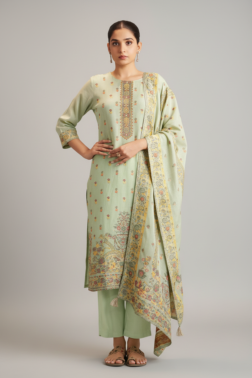Soft Celadon Chanderi Multi-Meena Work Jacquard Kurta Set