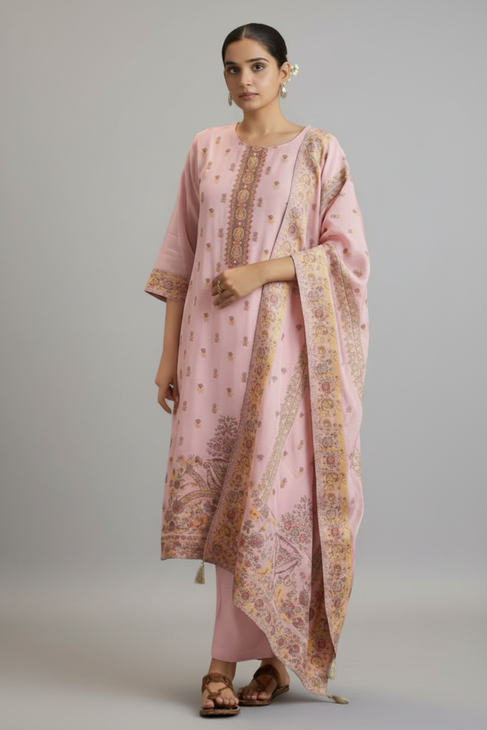Rose Quartz Pink Chanderi Multi-Meena Work Jacquard Kurta Set